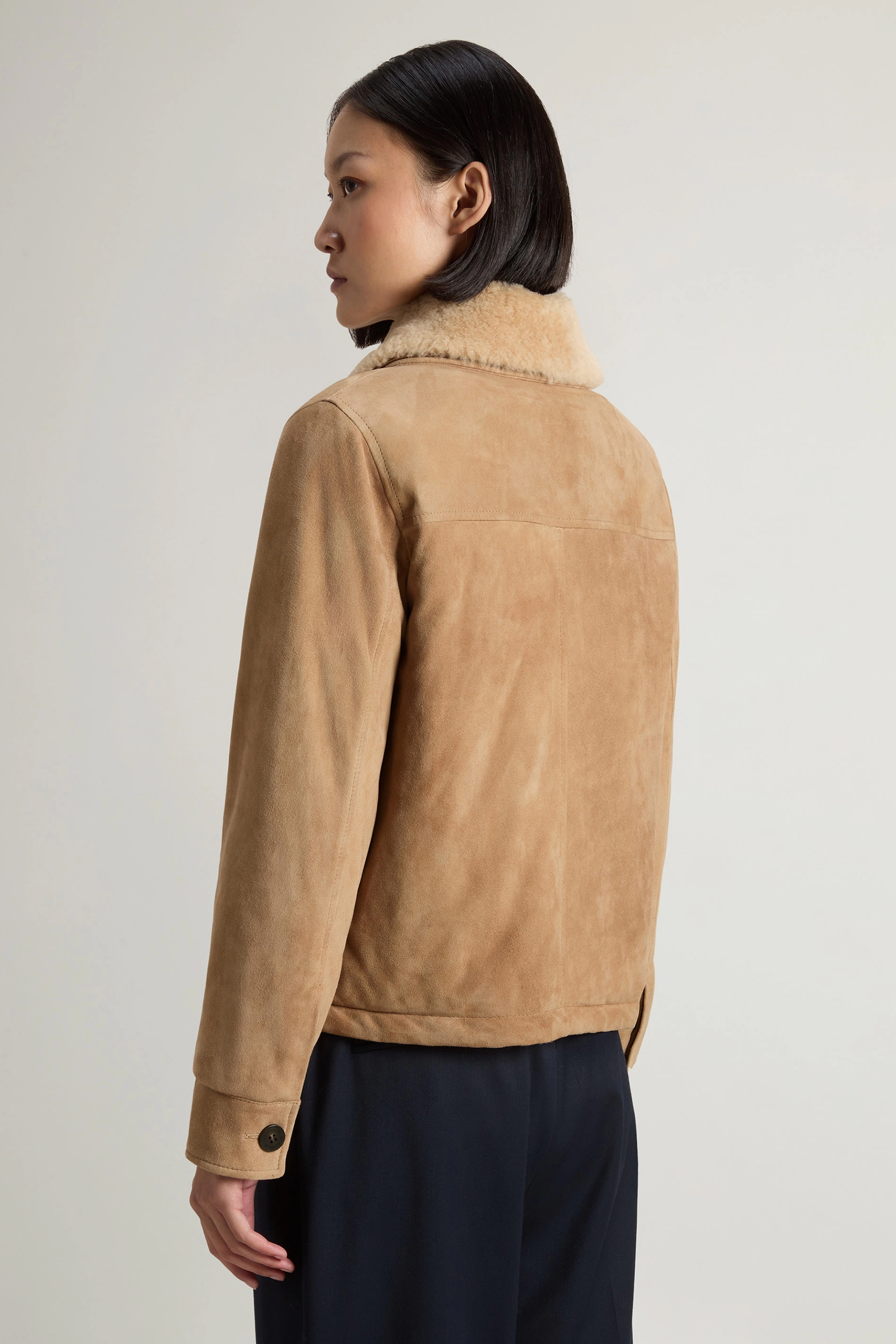 WOOLRICH Regular Fit Shearling Trim Goat Suede Jacket Amber Mantel, Jacke, Erwachsener, Person, Frau