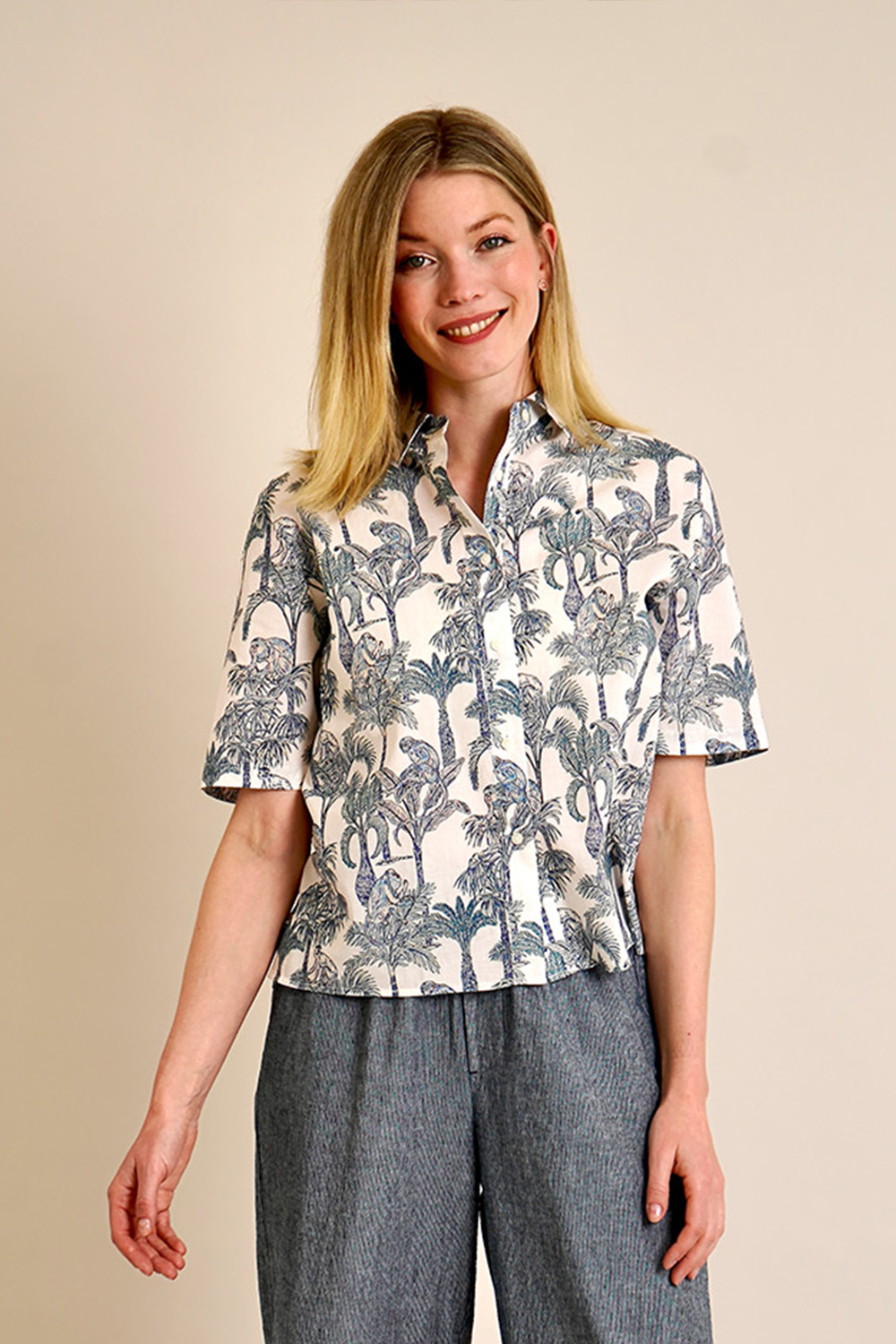 0039 ITALY Relaxed Fit patterned Cotton Blouse 