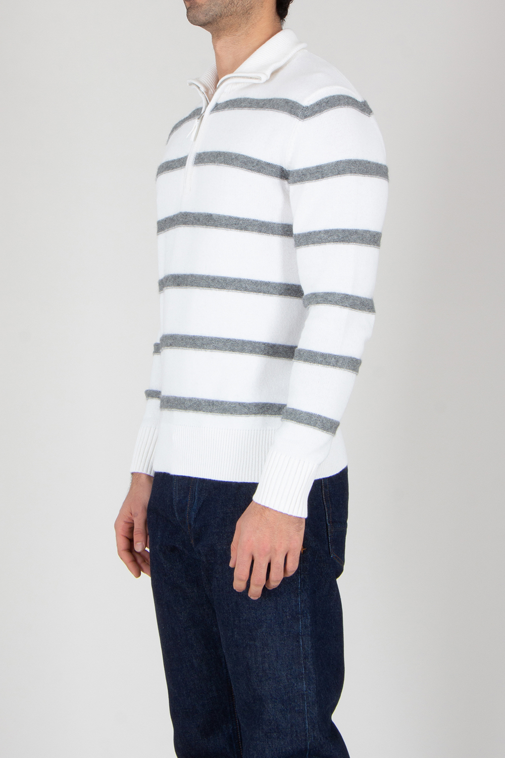 ALLUDE Regular Fit Striped Cotton-Cashmere Blend Quarter-Zip Mock Neck Sweater