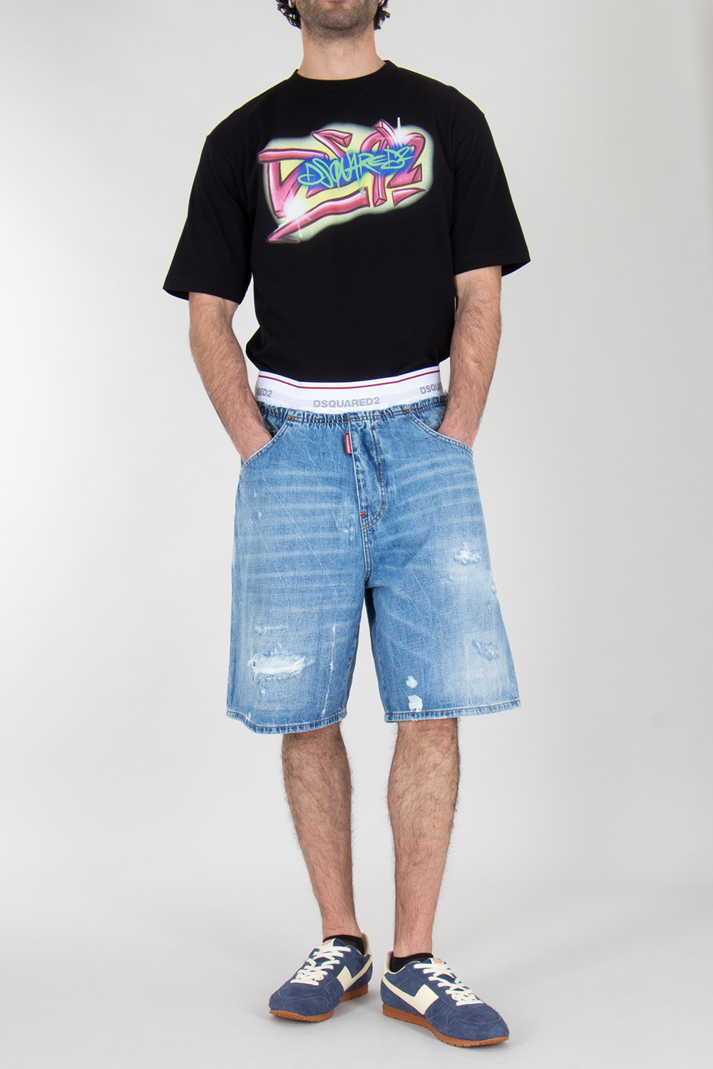 DSQUARED2 Relaxed Fit Distressed Denim Surfer Shorts 