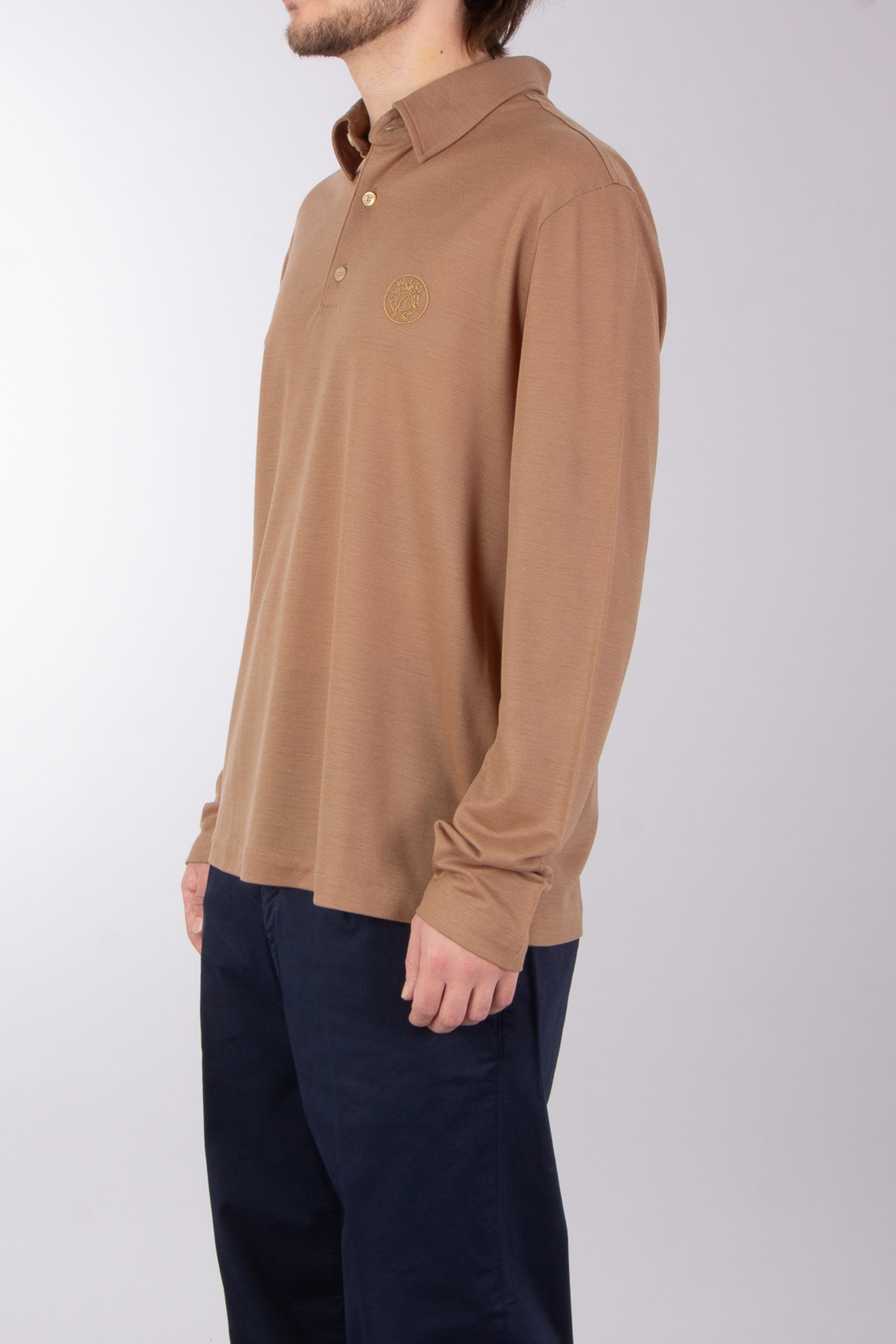 BRIONI Regular Fit Technical Wool Long Sleeve Polo Shirt BRIONI Regular Fit Technical Wool Long Sleeve Polo Shirt