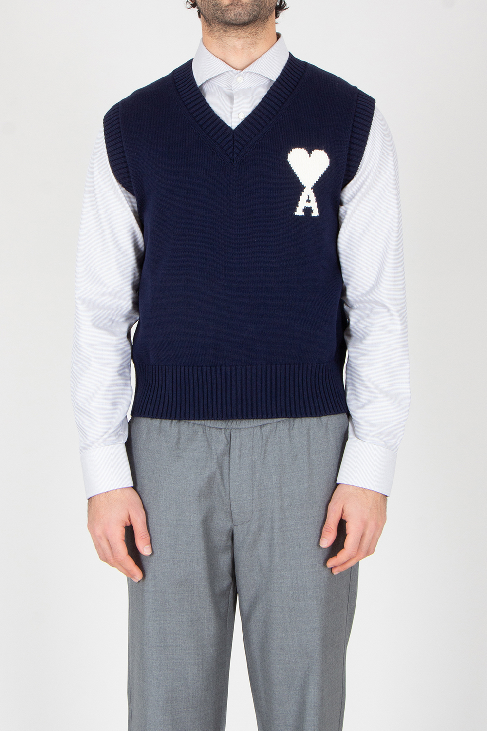 AMI PARIS Relaxed Fit Ami De Coeur Virgin Wool-Cotton Blend Sleeveless V-Neck Sweater