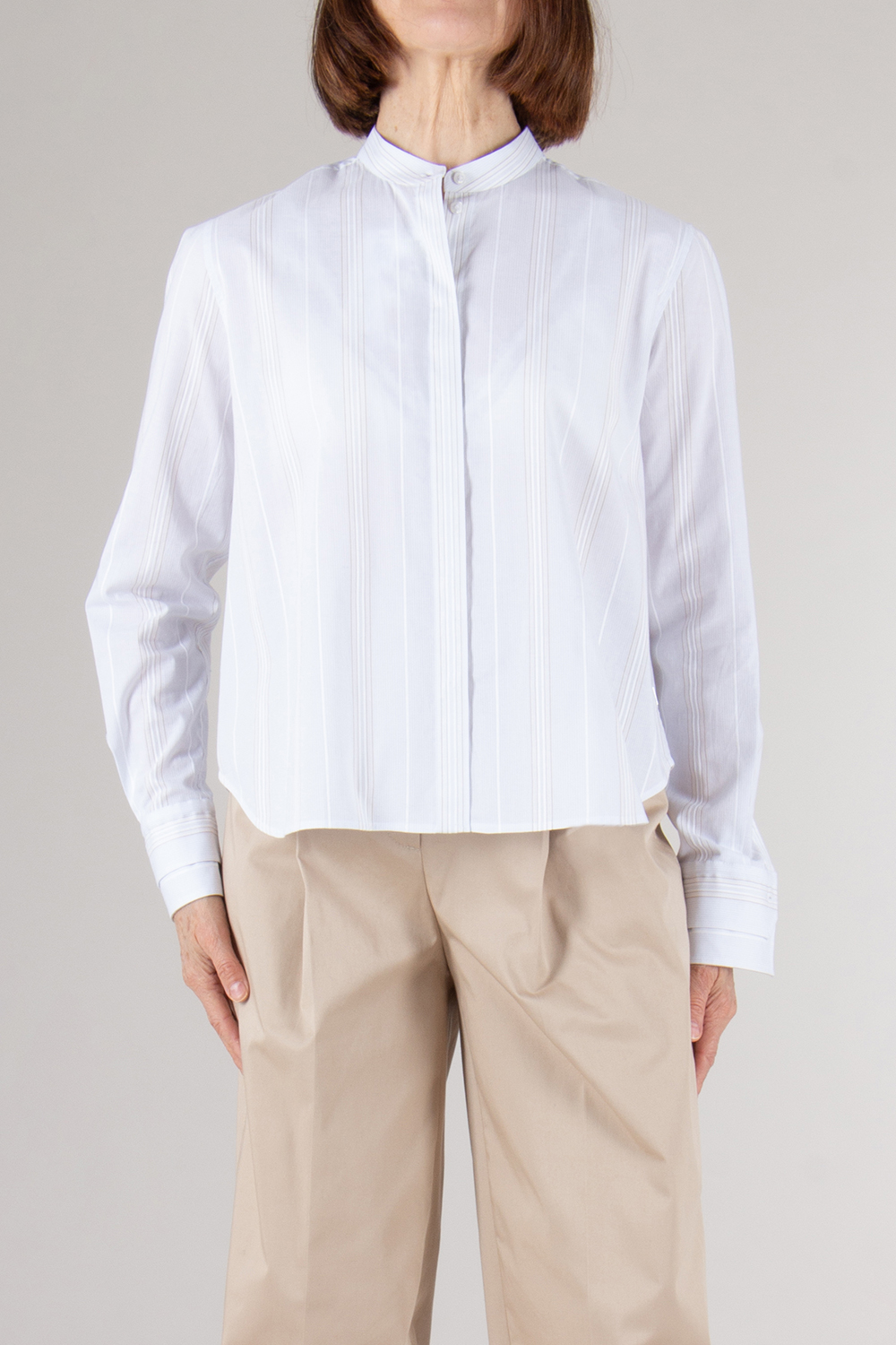 BOSS Boxy Fit Stand collar Striped Cotton Blouse 