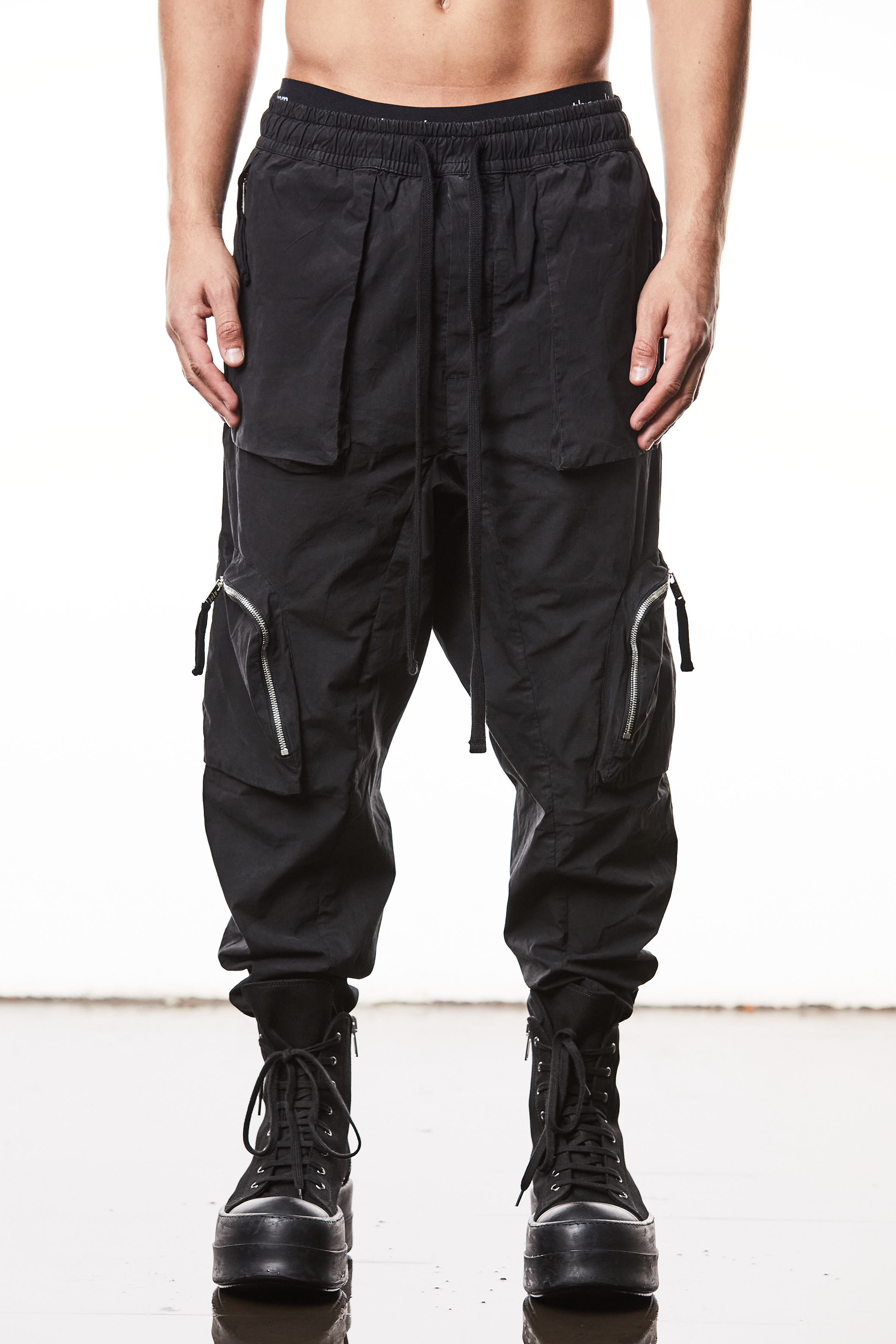 THOM KROM Dropped Crotch Washed Crashed Cotton Stretch Cargo Pants THOM KROM Dropped Crotch Washed Crashed Cotton Stretch Cargo Pants