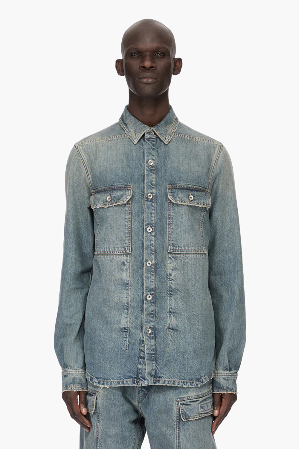 RICK OWENS DRKSHDW Straight Fit Washed Indigo Distressed Cotton Denim Outershirt