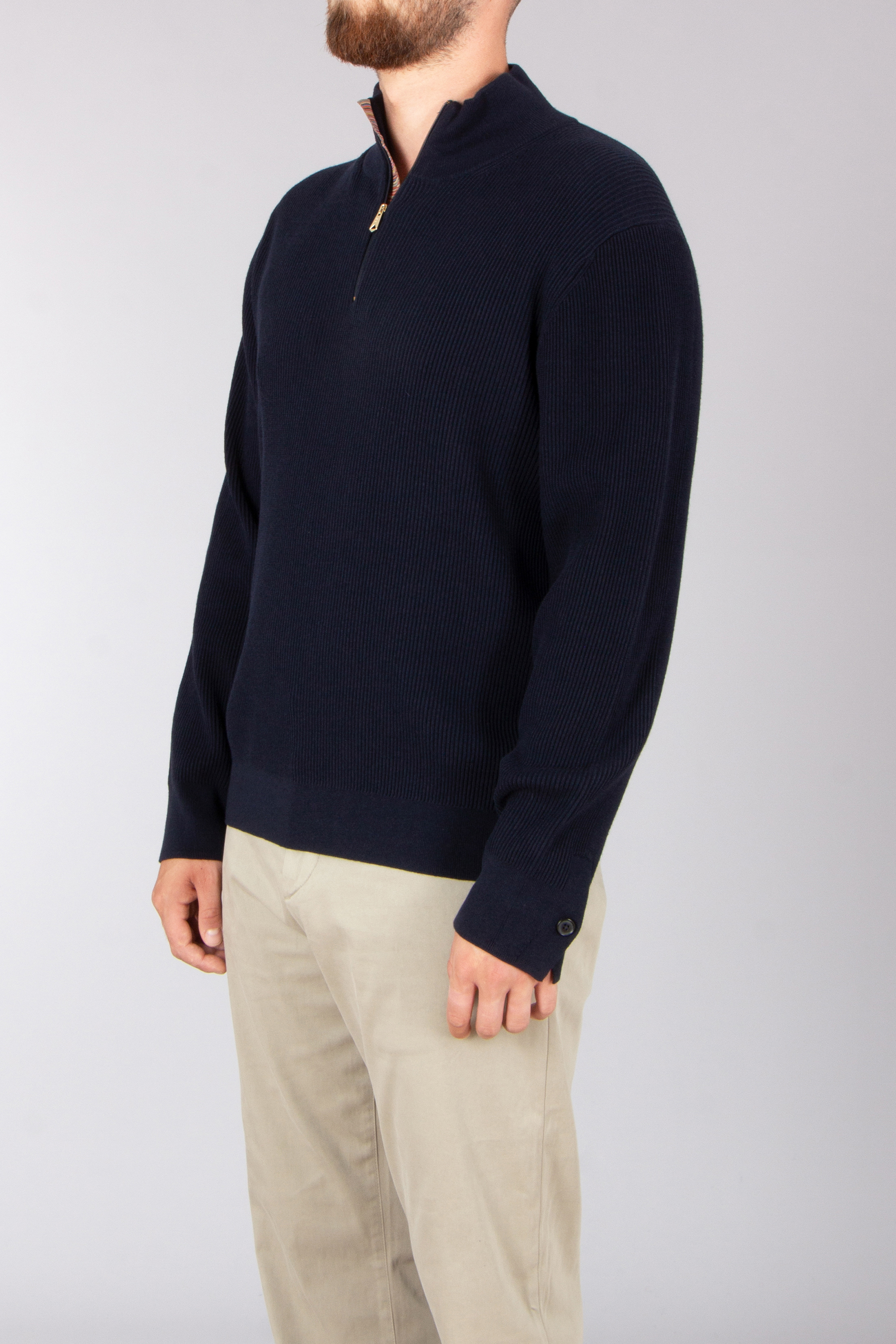 PAUL SMITH Regular Fit Ribbed Wool-Cotton Blend Half-Zip Sweater Vlies, Pullover, Langarm, Mann, Person