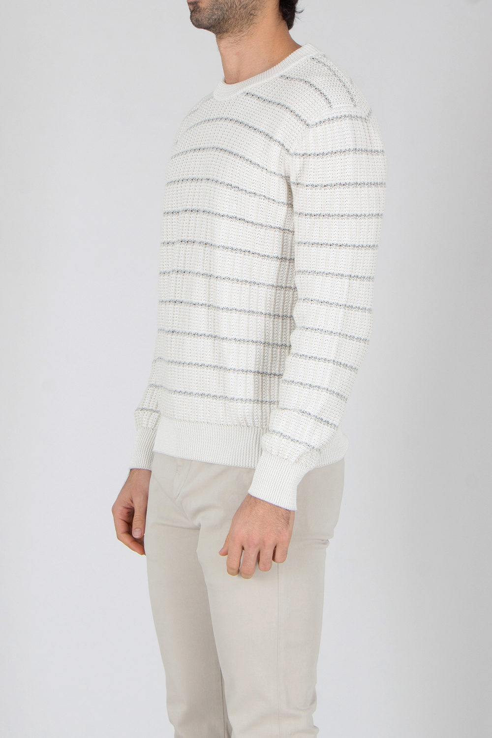 BRIONI Regular Fit Checked Structure Cotton-Linen Blend Crew Neck Sweater