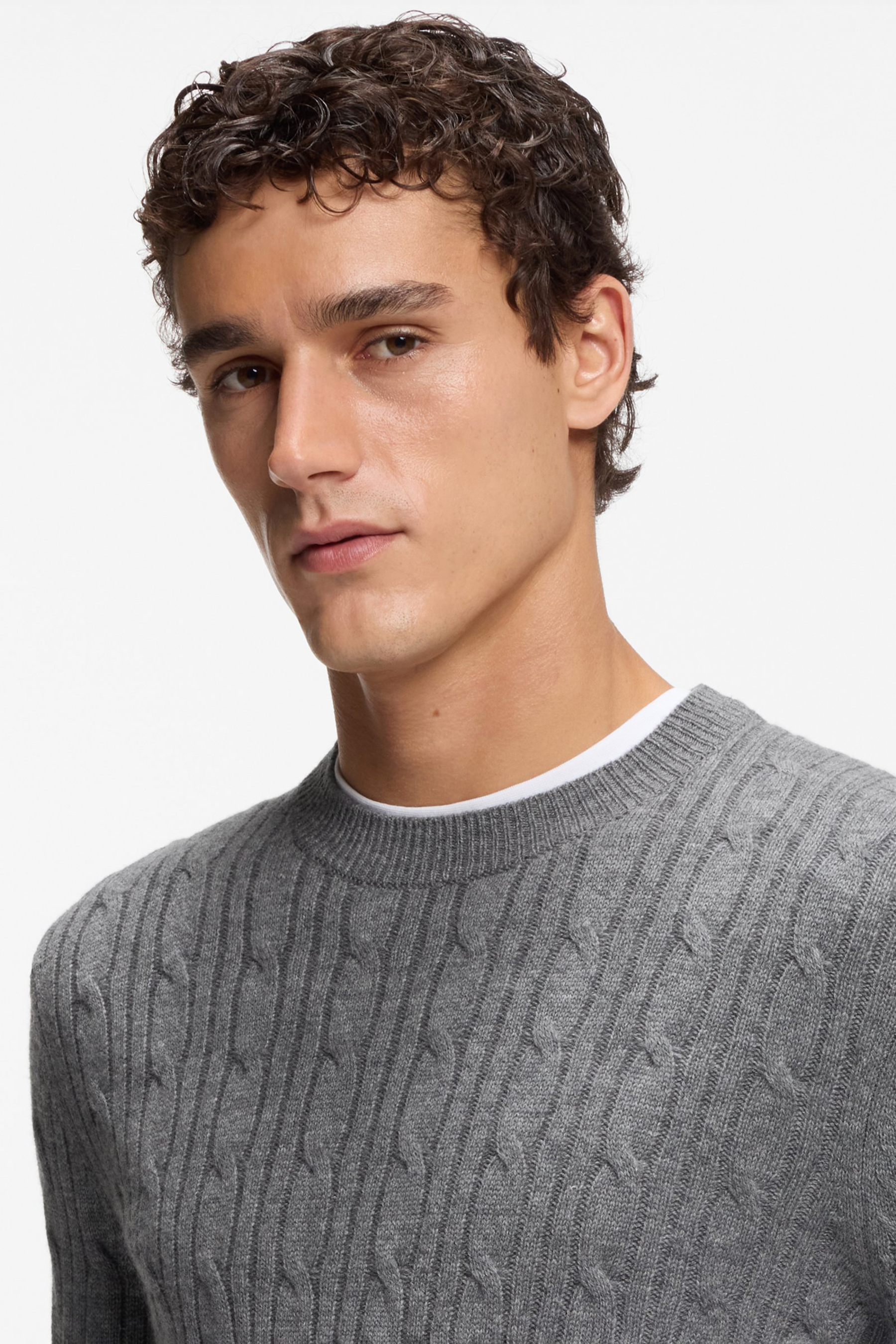 BOSS Regular Fit Cable Knit Virgin Wool-Cashmere Blend Crew Neck Sweater H-Hetico Gesicht, Kopf, Hals, Person, Pullover