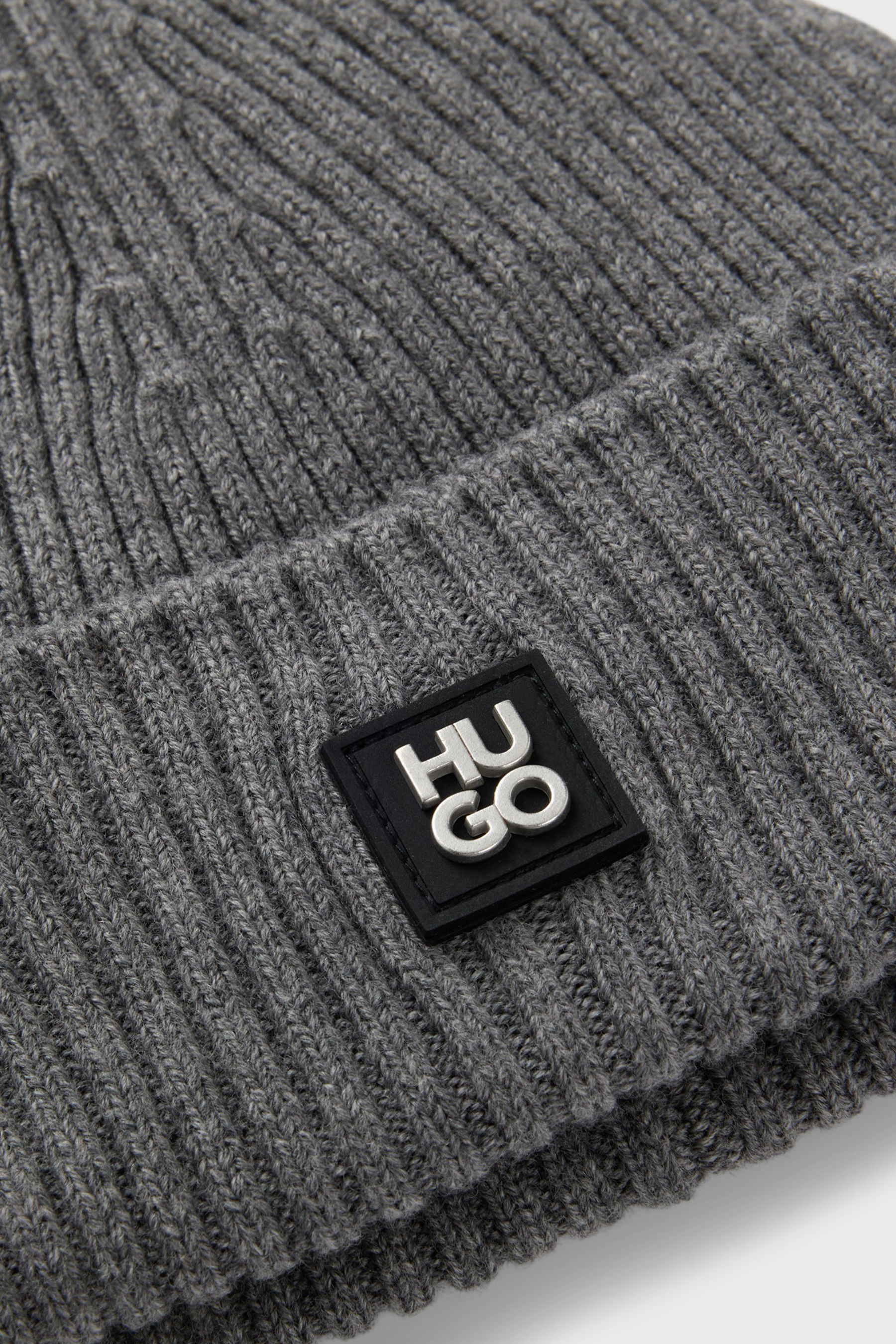 HUGO Ribbed Virgin Wool Beanie Hat Xola Mütze, Kleidung, Hut