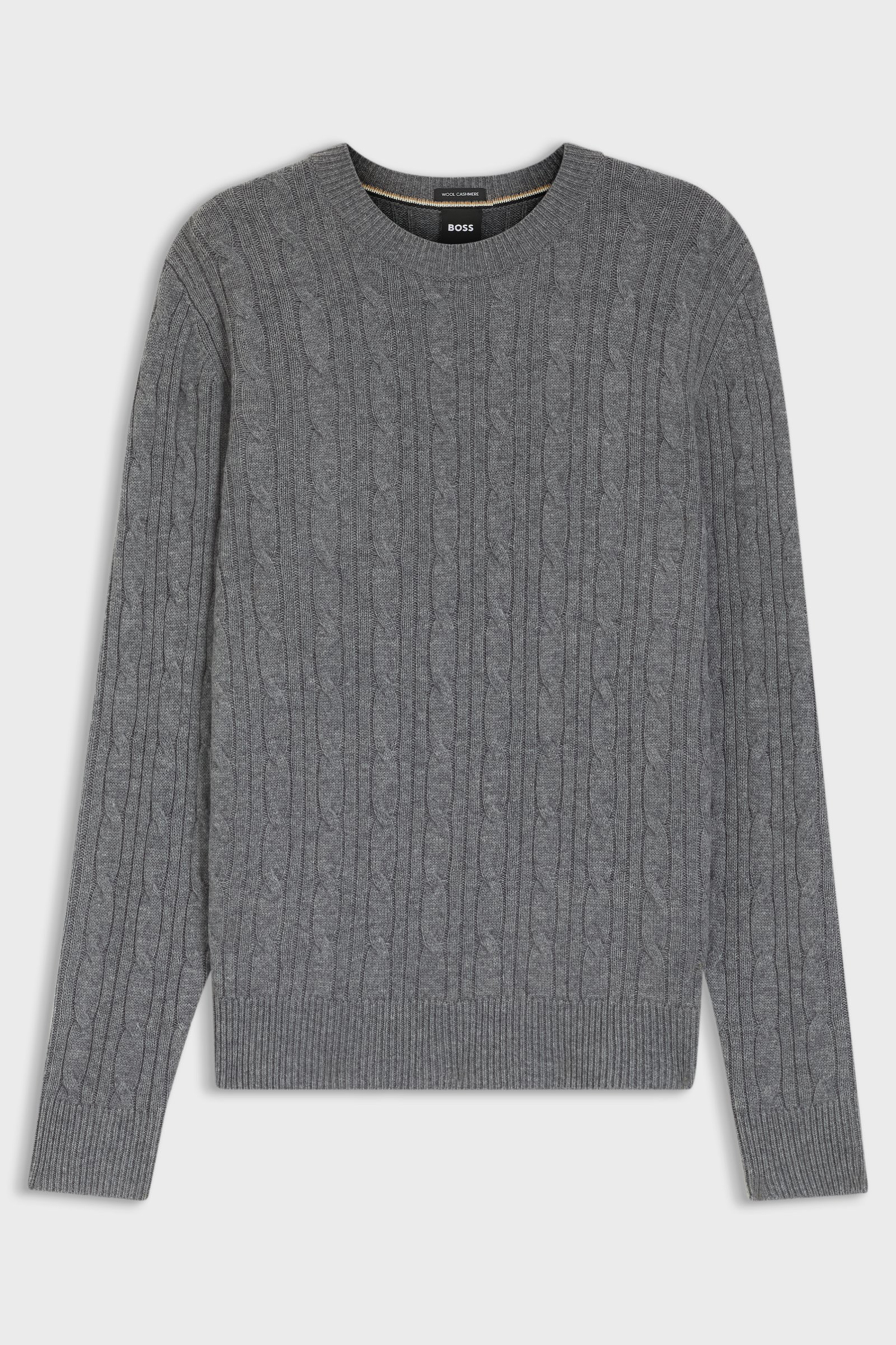 BOSS Regular Fit Cable Knit Virgin Wool-Cashmere Blend Crew Neck Sweater H-Hetico Bekleidung, Strickwaren, Pullover, Langarm, Ärmel