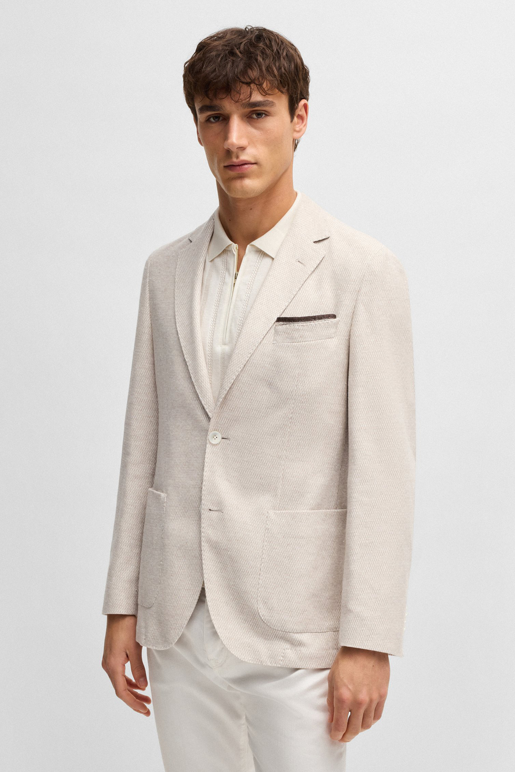 BOSS Regular Fit Patterned Linen-Cotton Blend Jacket C-Jaye
