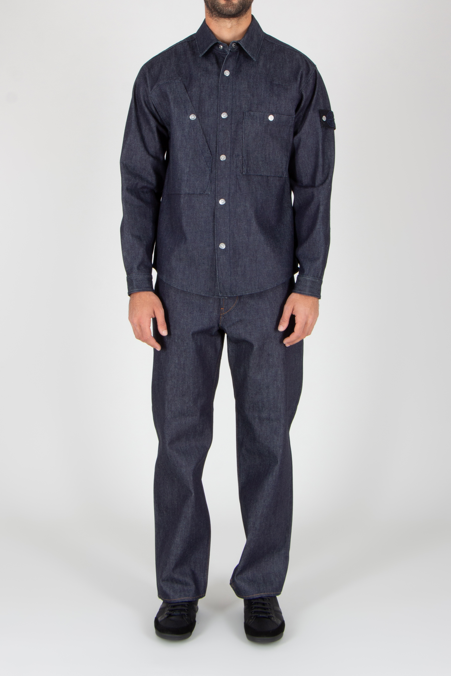 STONE ISLAND Comfort Fit Rinsed Organic Cotton Denim Overshirt Bekleidung, Hosen, Jeans, Hemd, Mantel