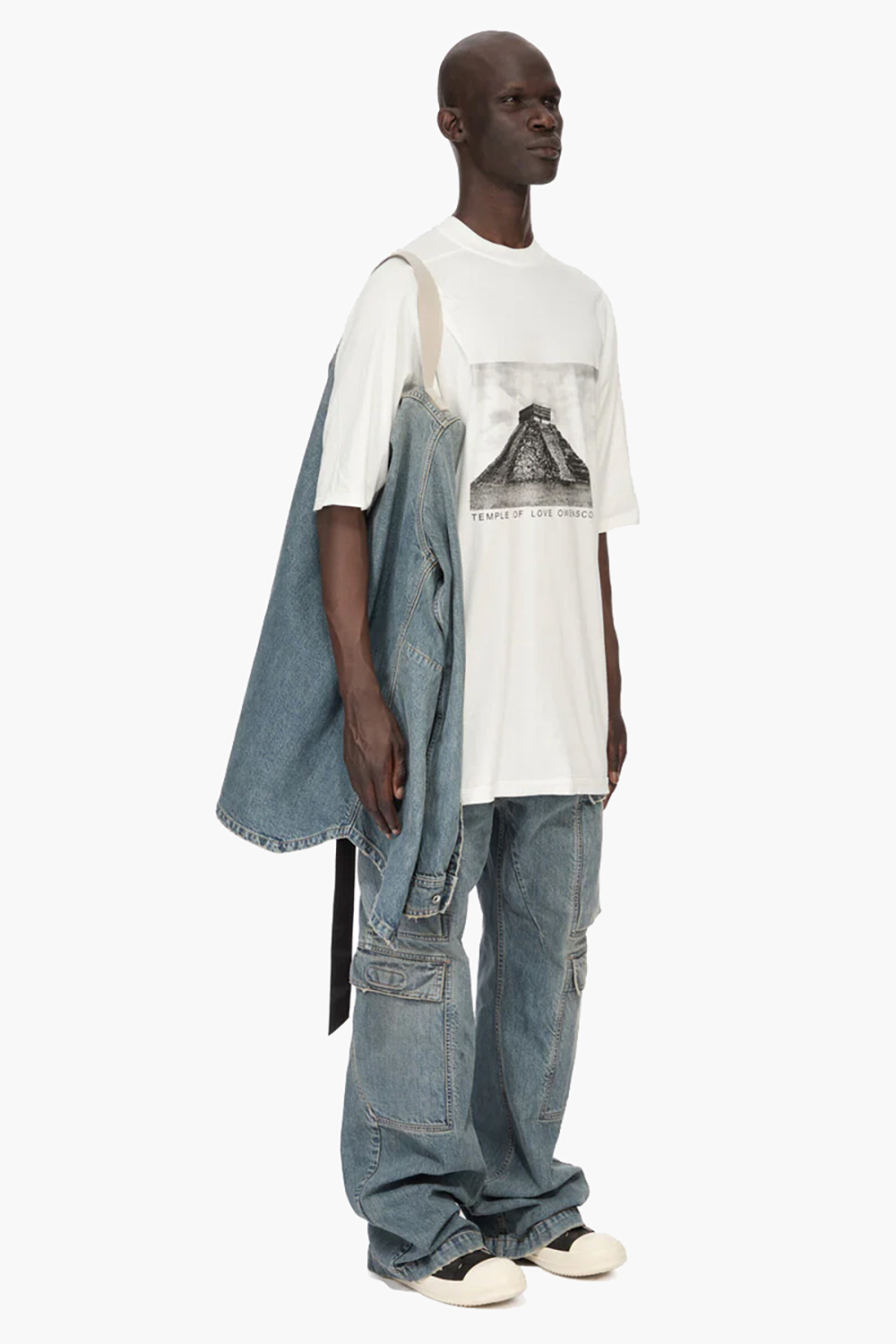 RICK OWENS DRKSHDW Straight Fit Washed Indigo Distressed Cotton Denim Outershirt