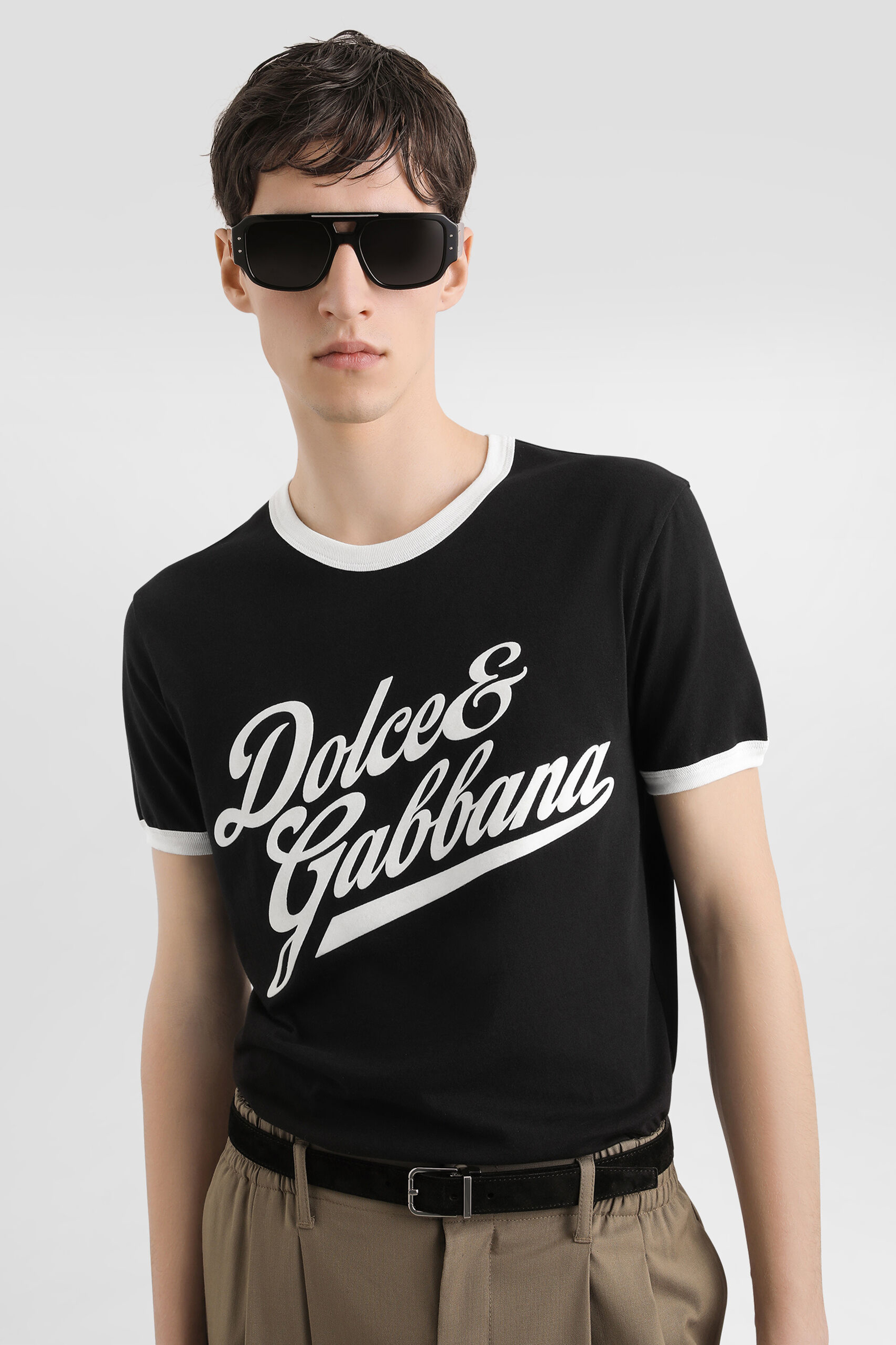 DOLCE & GABBANA Classic Fit Flock Print Cotton Jersey T-Shirt T-shirt, Hemd, Zubehör, Sonnenbrille, Person