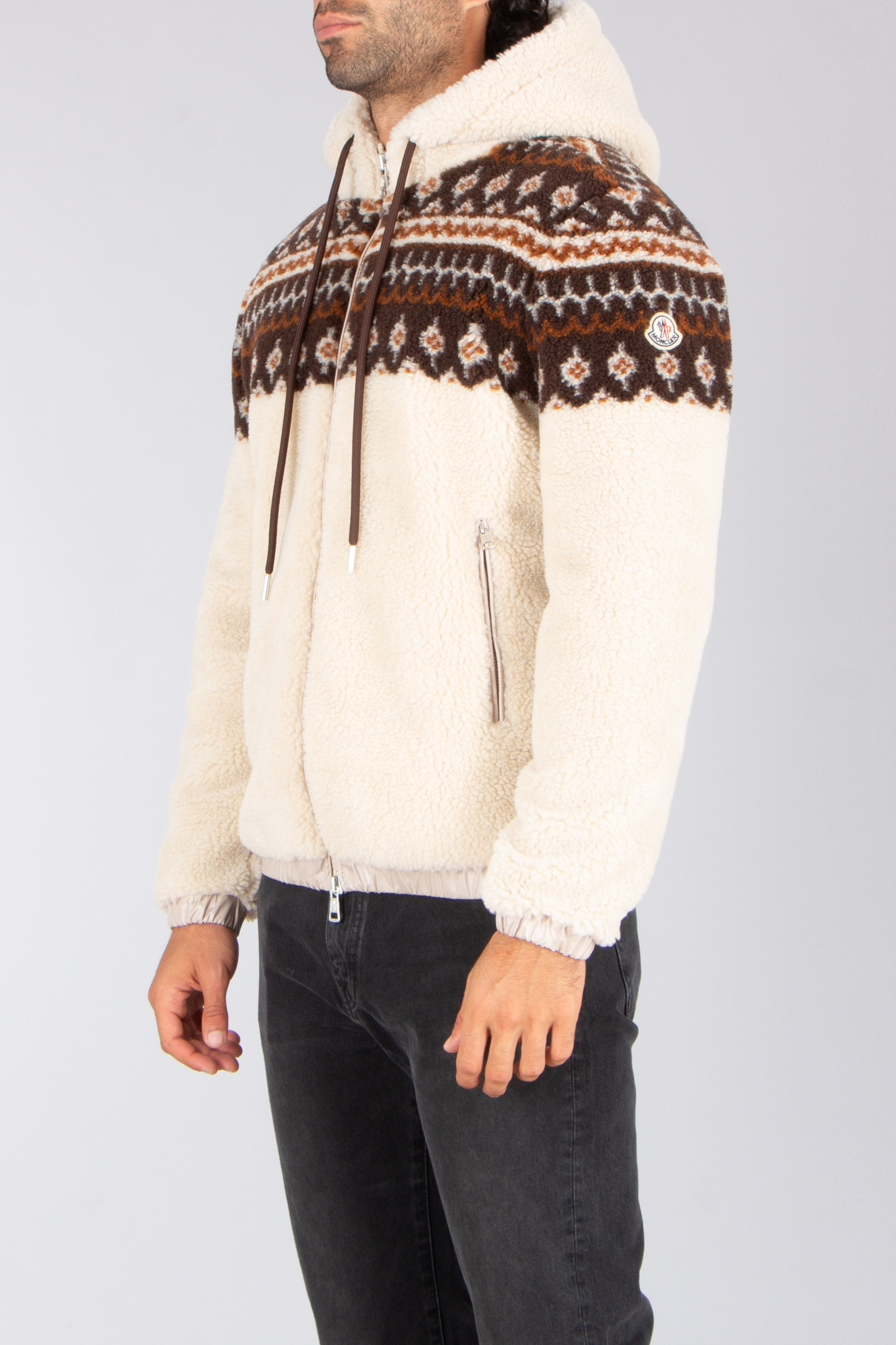 MONCLER Loose Fit Teddy Virgin Wool Blend Jacquard Zip-Up Hoodie Strickwaren, Pullover, Sweatshirt, Kapuzenpulli, Mantel