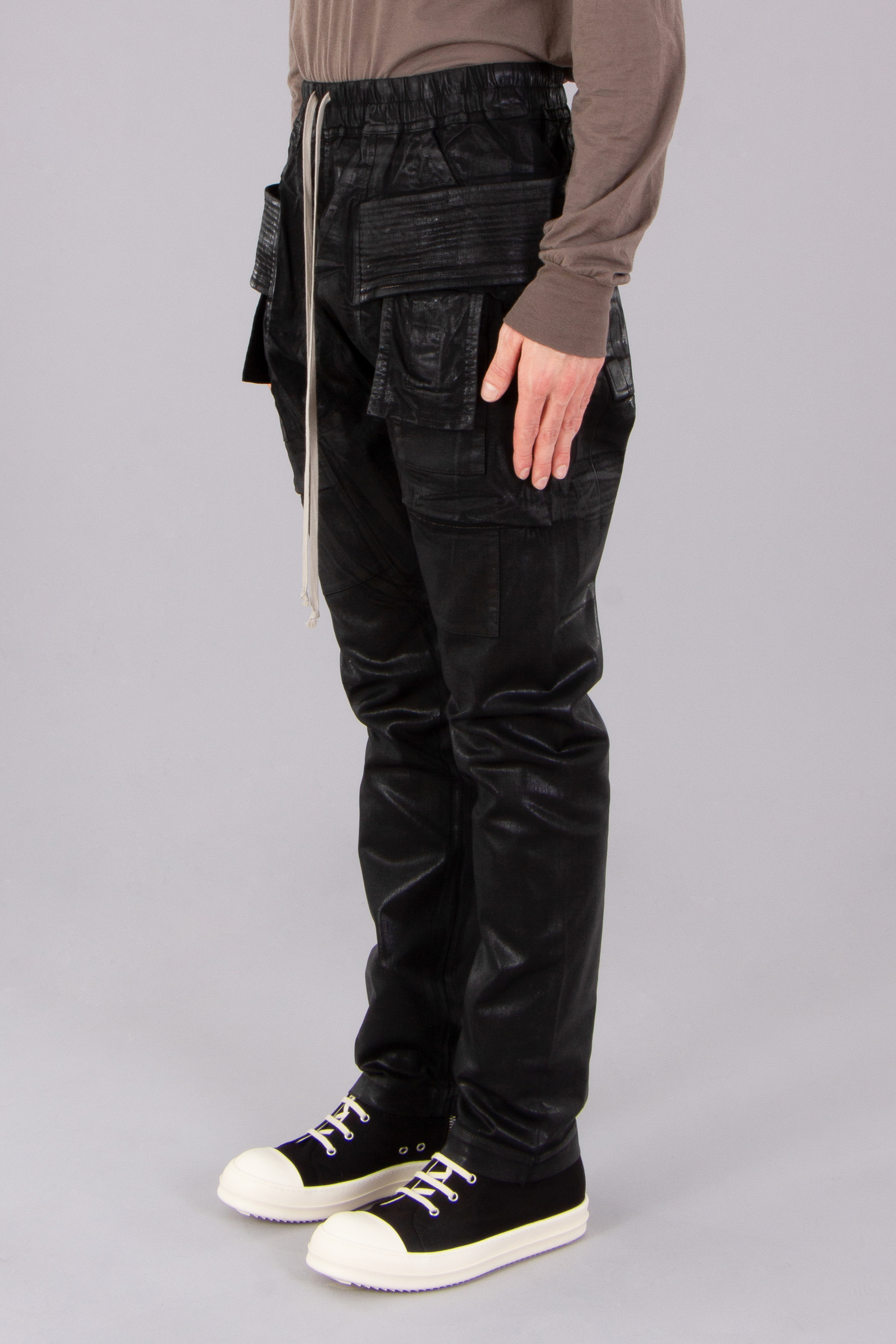 RICK OWENS DRKSHDW Creatch Cargo Drawstring Overdyed Foil Stretch Denim Pants RICK OWENS DRKSHDW Creatch Cargo Drawstring Overdyed Foil Stretch Denim Pants