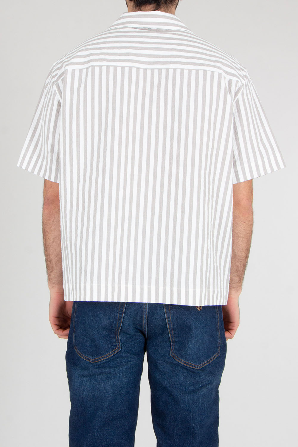 HUGO Boxy Fit Striped Cotton Stretch Seersucker Short-Sleeve Shirt Espino
