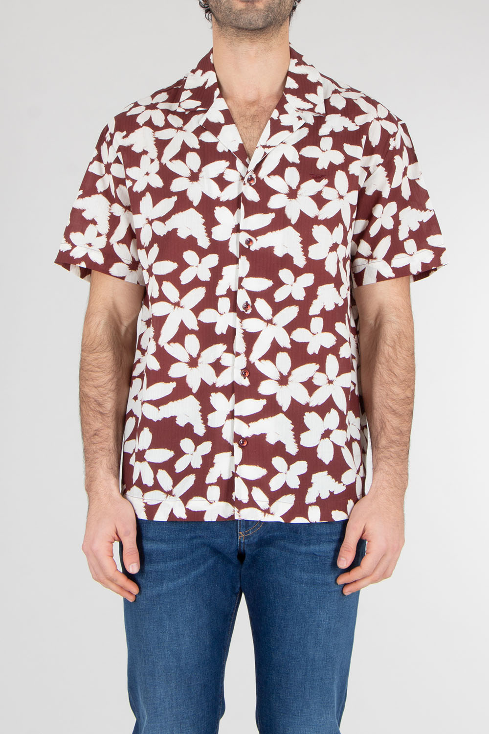 EMPORIO ARMANI Boxy Fit Eagle Flower Print Cotton Beachwear Short-Sleeve Shirt