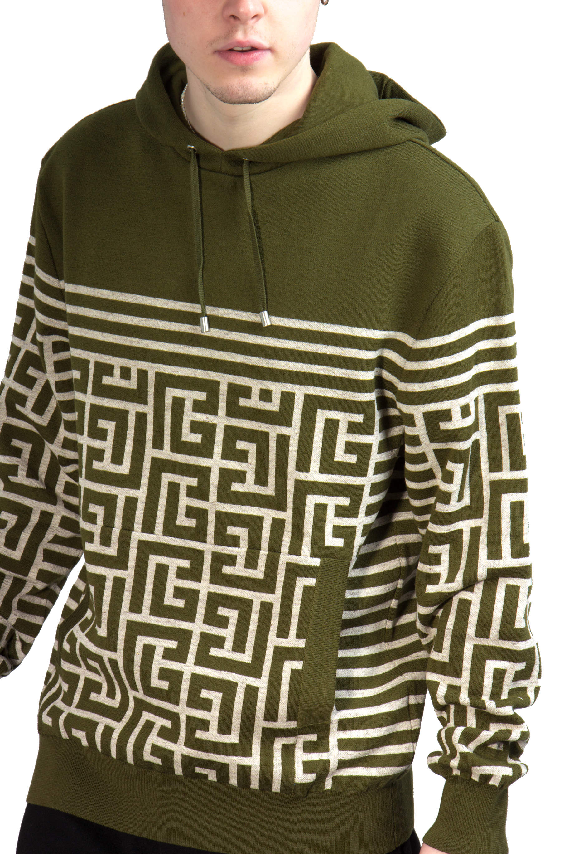 BALMAIN Monogrammed Linen-Wool Blend Knit Hoodie BALMAIN Monogrammed Linen-Wool Blend Knit Hoodie