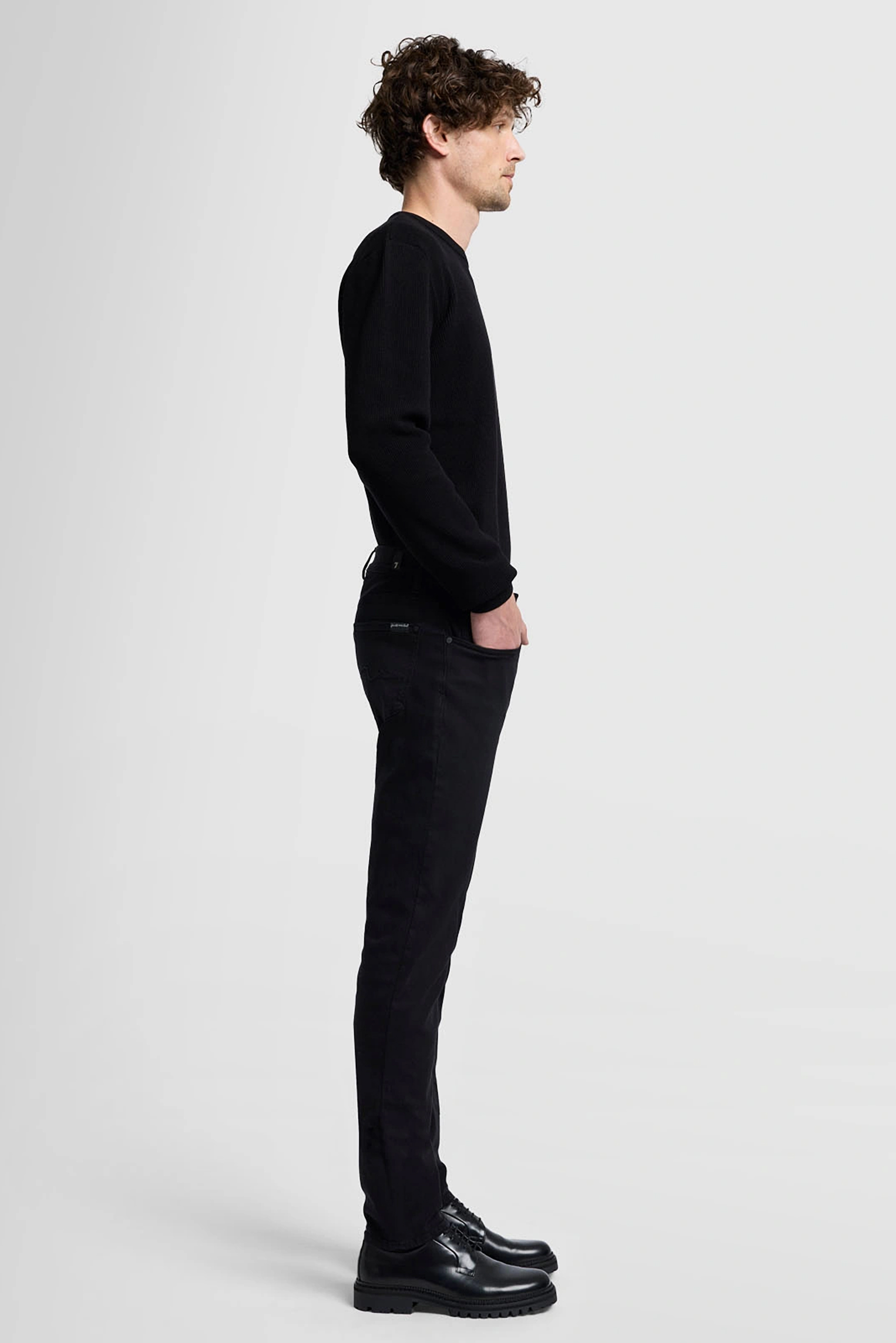 7 FOR ALL MANKIND Slim Tapered Fit Luxe Performance Plus Black Denim Jeans Slimmy Tapered Formelle Kleidung, Anzug, Hosen, Langarm, Stehend