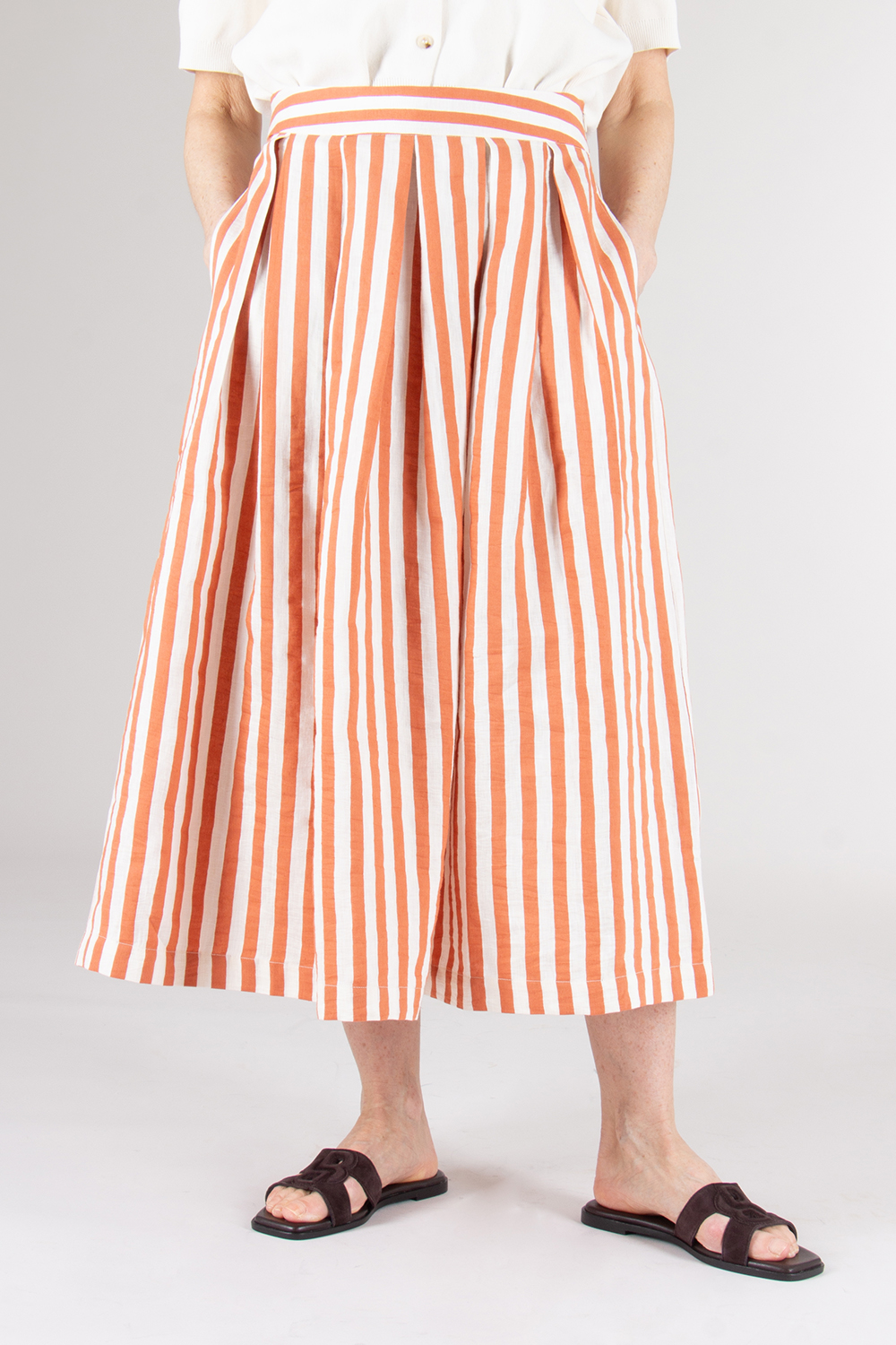 0039 ITALY Striped Linen Blend Flared Skirt Kylie