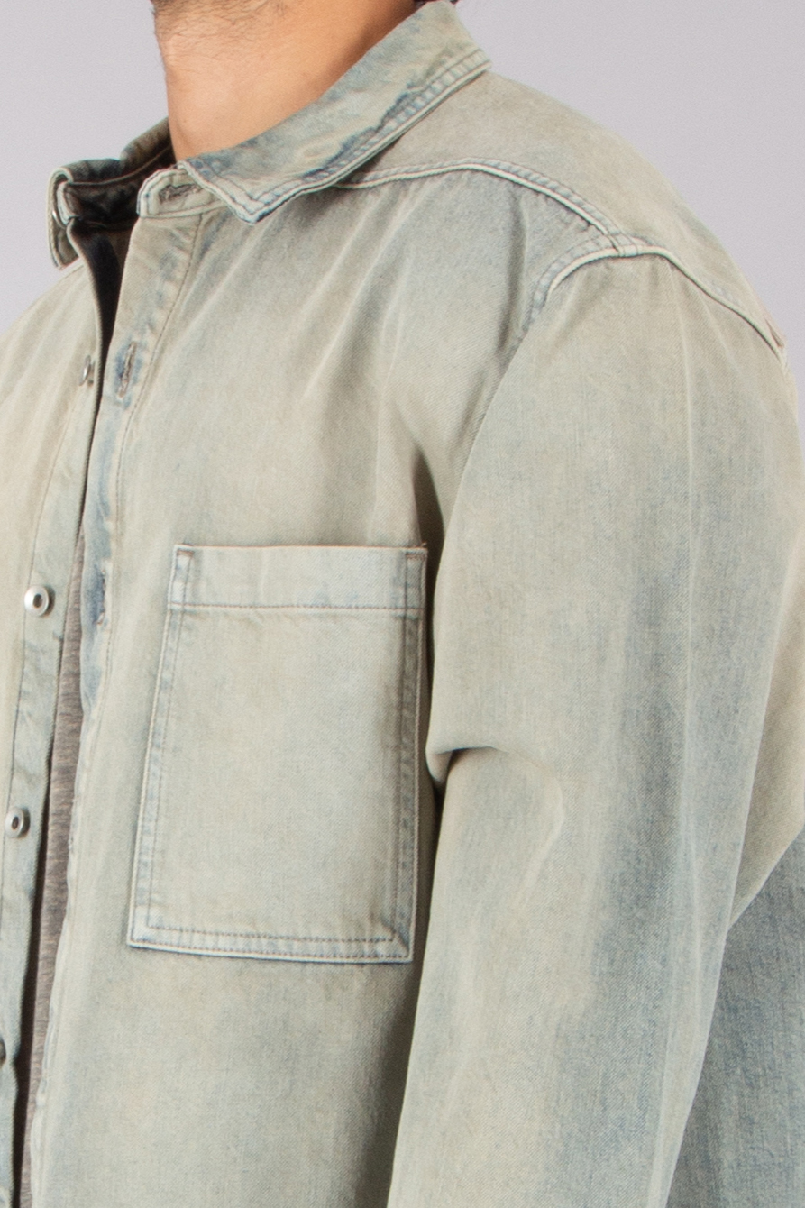 RICK OWENS DRKSHDW Oversized Fit Mineral Pearl Cotton Denim Jumbo Outershirt Mantel, Jacke, Hosen, Langarm, Jeans