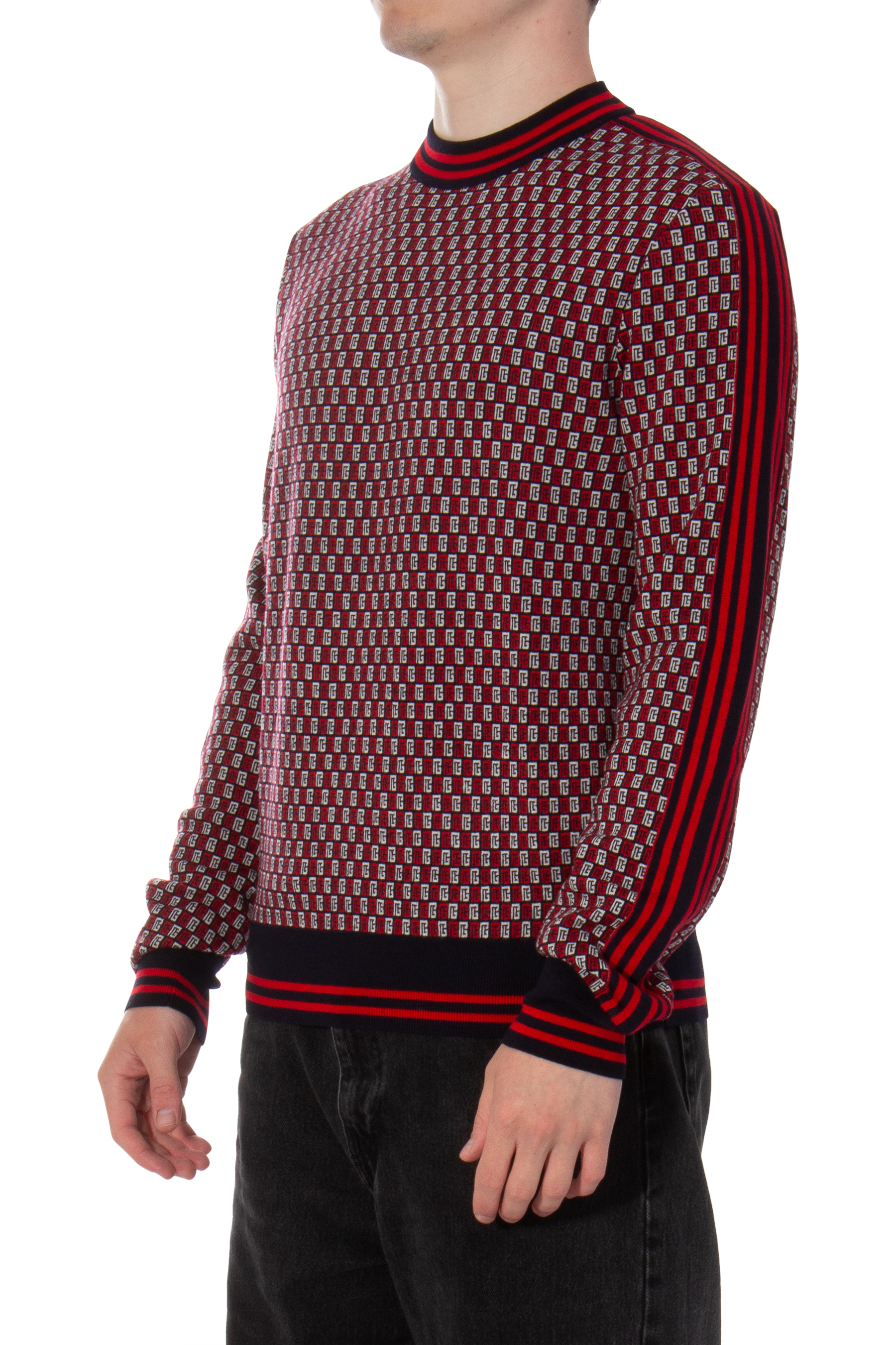 BALMAIN Monogrammed Check Wool Jacquard Sweater