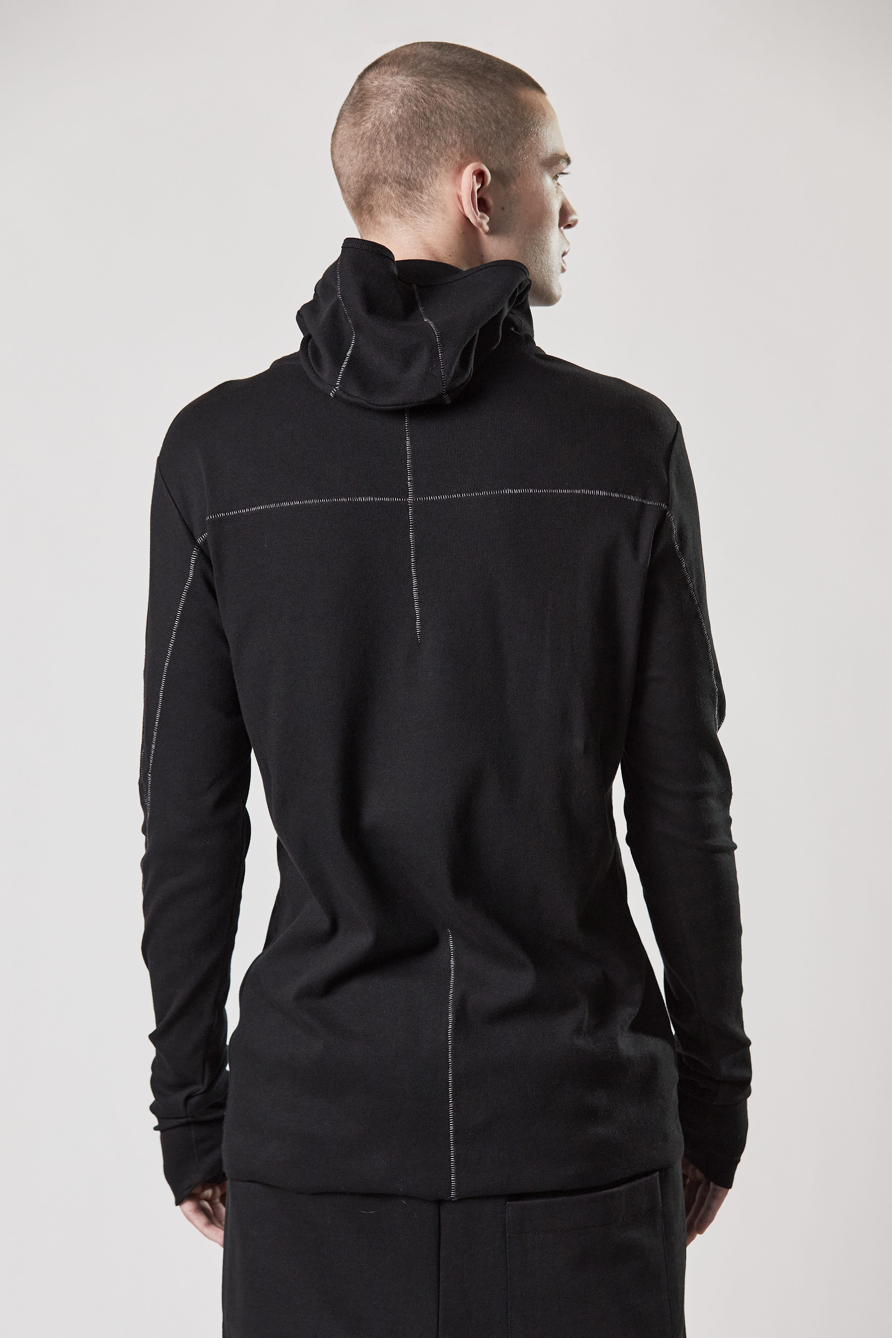 THOM KROM Balaclava Hooded Ribbed Cotton Stretch Long Sleeve T-Shirt THOM KROM Balaclava Hooded Ribbed Cotton Stretch Long Sleeve T-Shirt