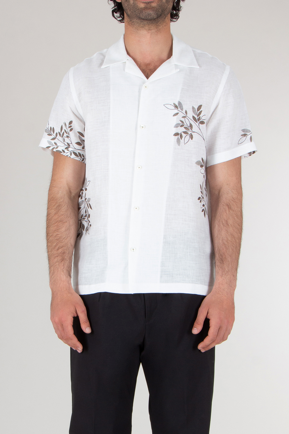VAN LAACK Short Sleeve Olive Leaf Motif Linen Bowling Shirt