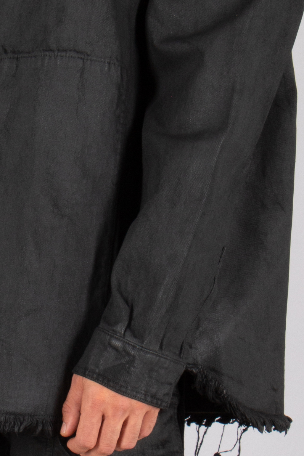 RICK OWENS DRKSHDW Oversized Wax Cotton Denim Lido Larry Shirt Mantel, Langarm, Jacke, Person, Hosen