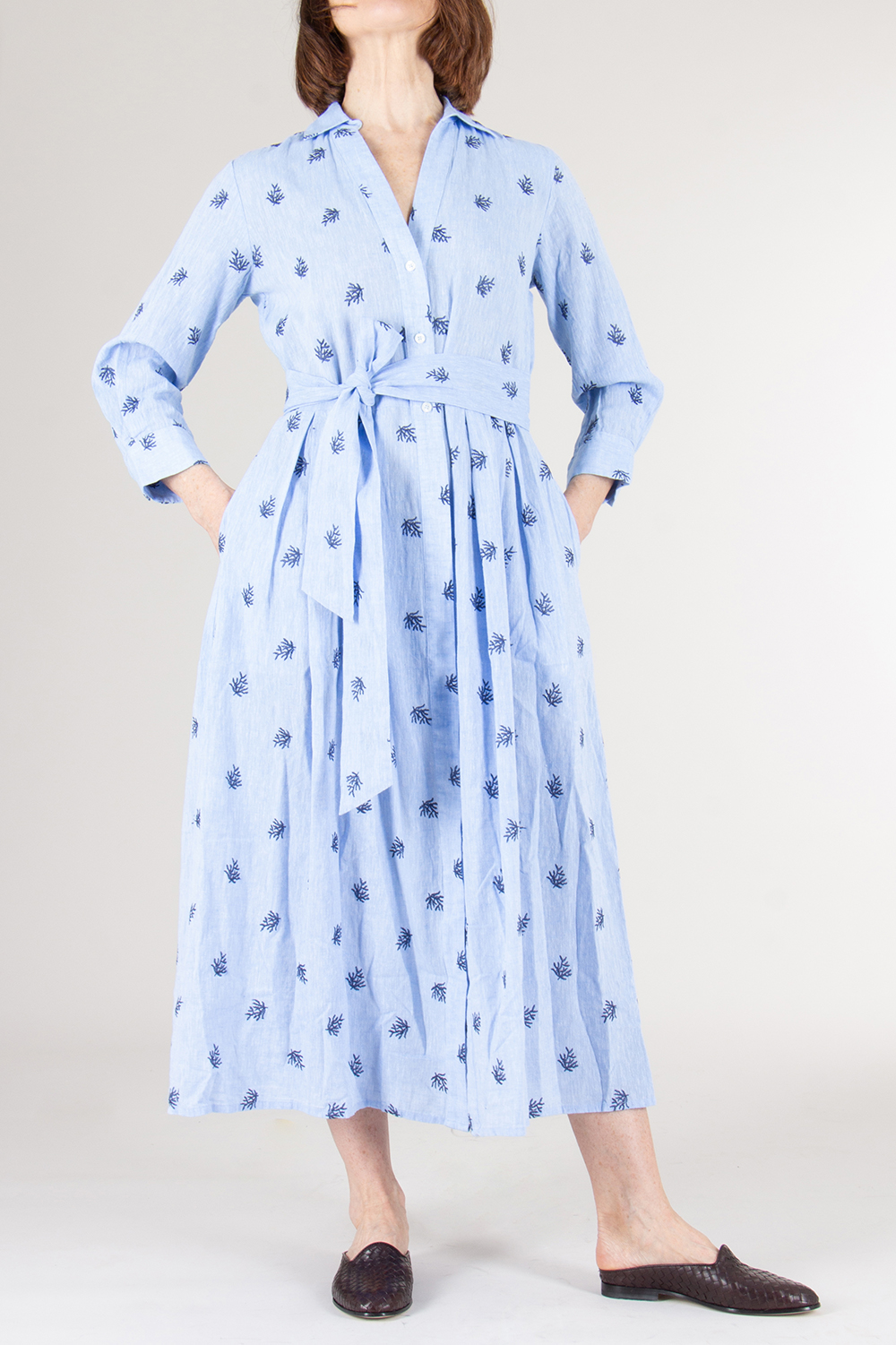 0039 ITALY Embroidered Linen Cotton Shirt Dress Julene