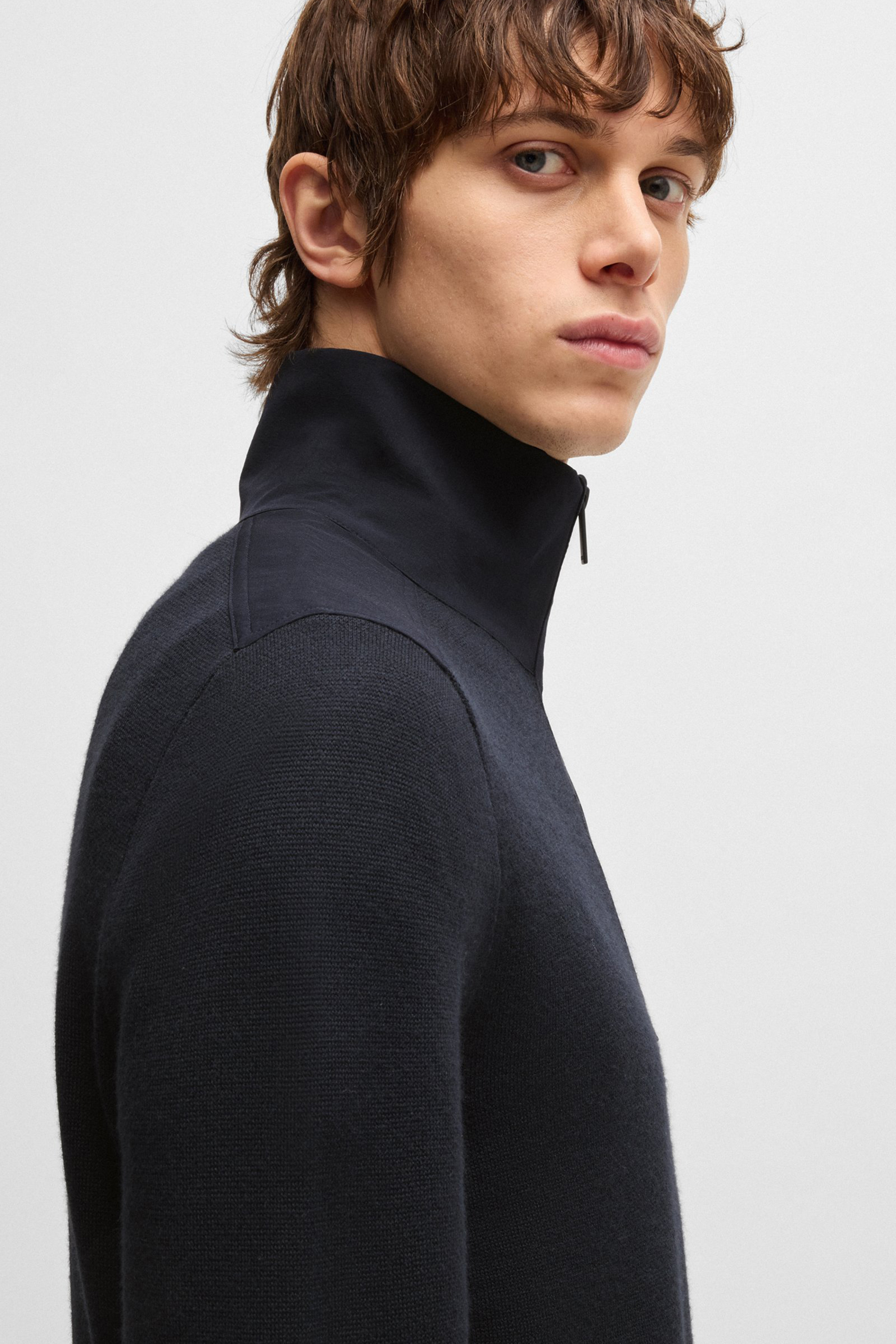 BOSS Virgin Wool Blend & Softshell Trim Zip-Neck Sweater P-Bart