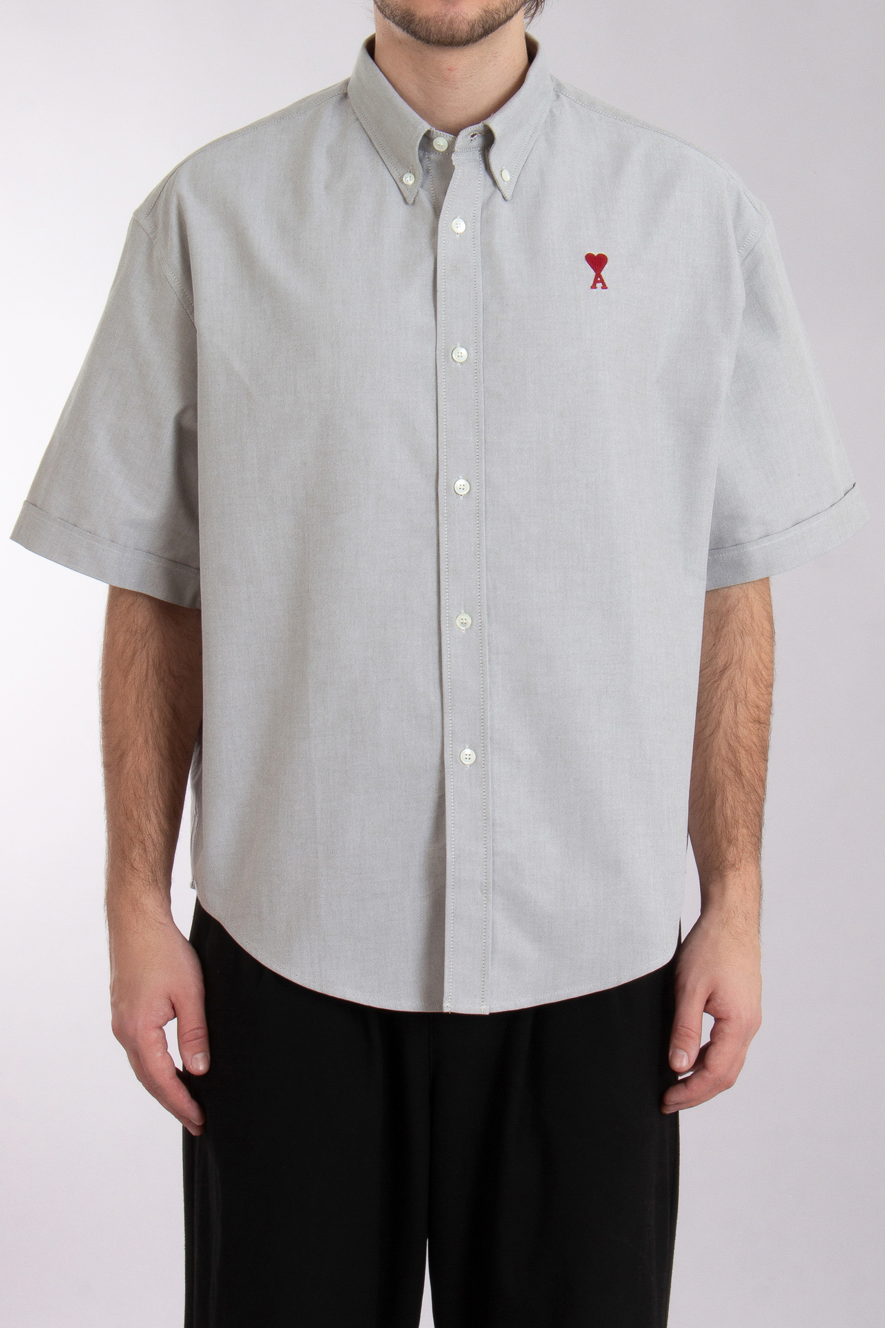 AMI PARIS Boxy Fit Ami De Coeur Cotton Oxford Button-Down Short-Sleeve Shirt