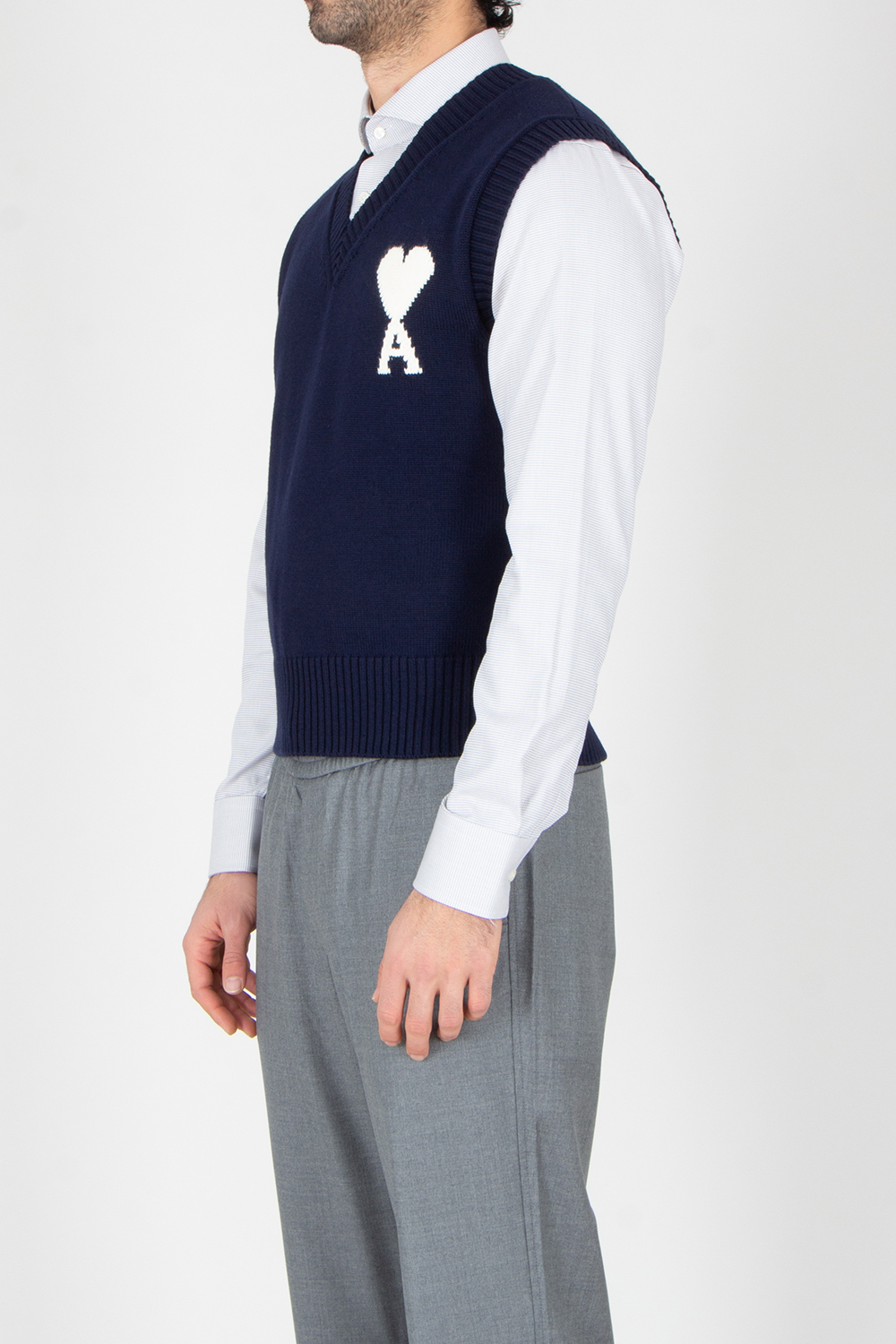 AMI PARIS Relaxed Fit Ami De Coeur Virgin Wool-Cotton Blend Sleeveless V-Neck Sweater