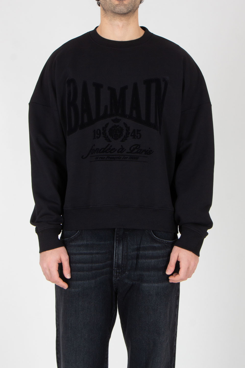 BALMAIN Relaxed Fit Flock Print Organic Cotton Jersey Sweatshirt