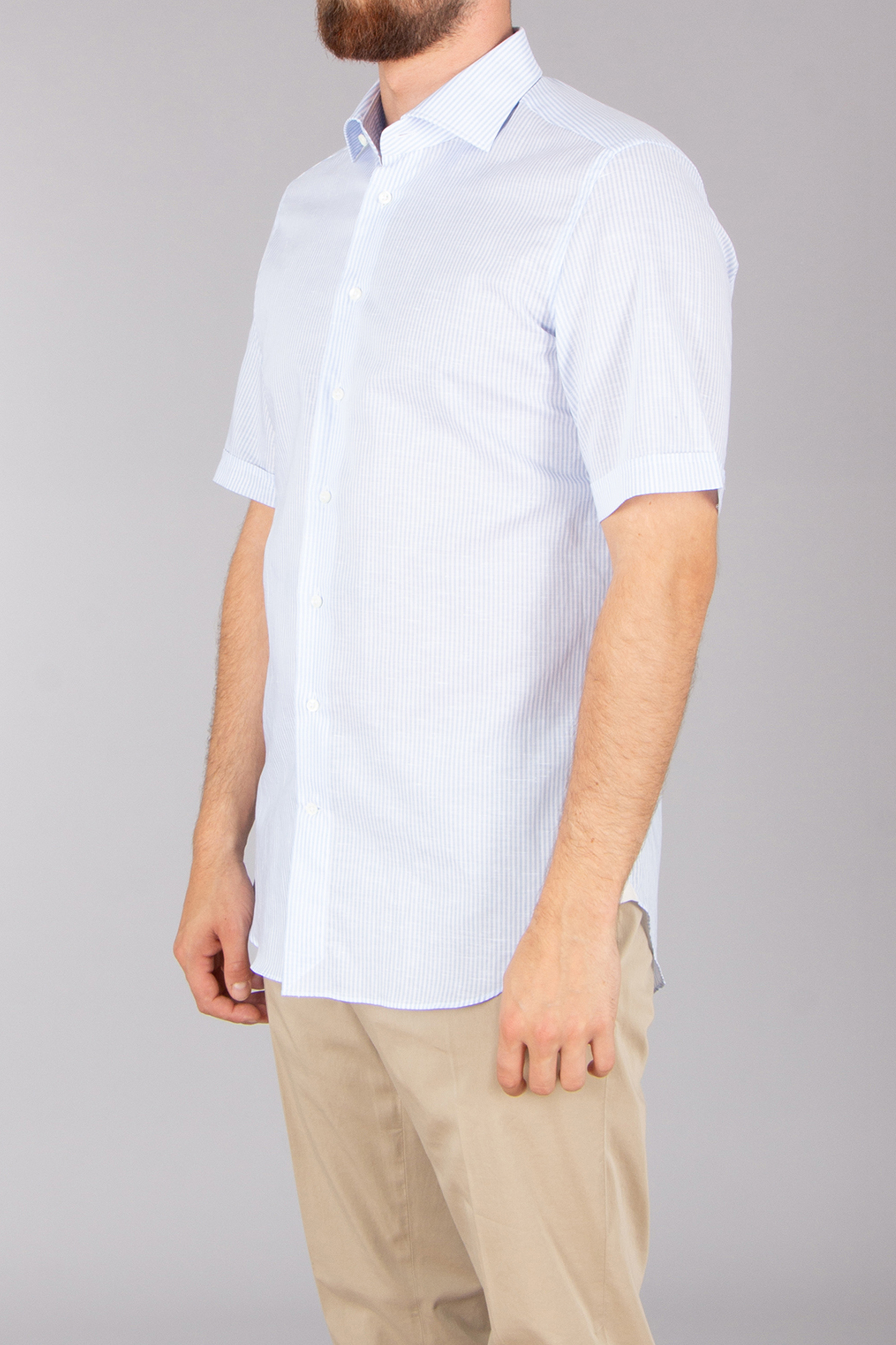 EMANUELE MAFFEIS Regular Fit Striped Cotton-Linen Blend Short-Sleeve Shirt Eduardo Casale Bekleidung, Hemd, Dekoration für Zuhause, Leinen, Kleid, Hemd