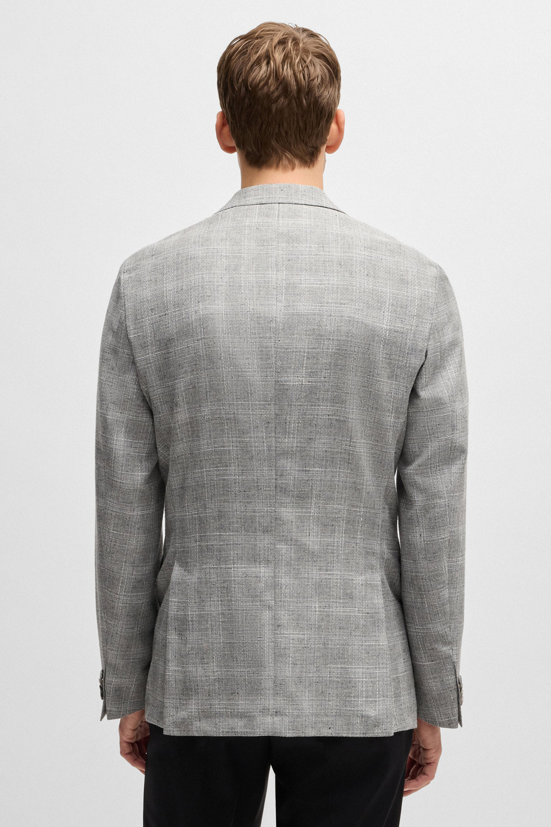 BOSS Slim Fit Checked Virgin Wool-Cotton-Linen Blend Jacket H-Hutson BOSS Slim Fit Checked Virgin Wool-Cotton-Linen Blend Jacket H-Hutson