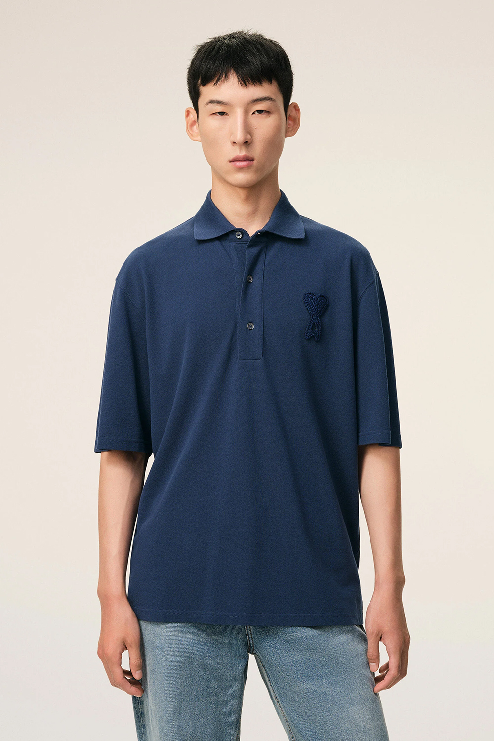 AMI PARIS Straight Fit Ami de Coeur Light Cotton Piqué Polo Shirt