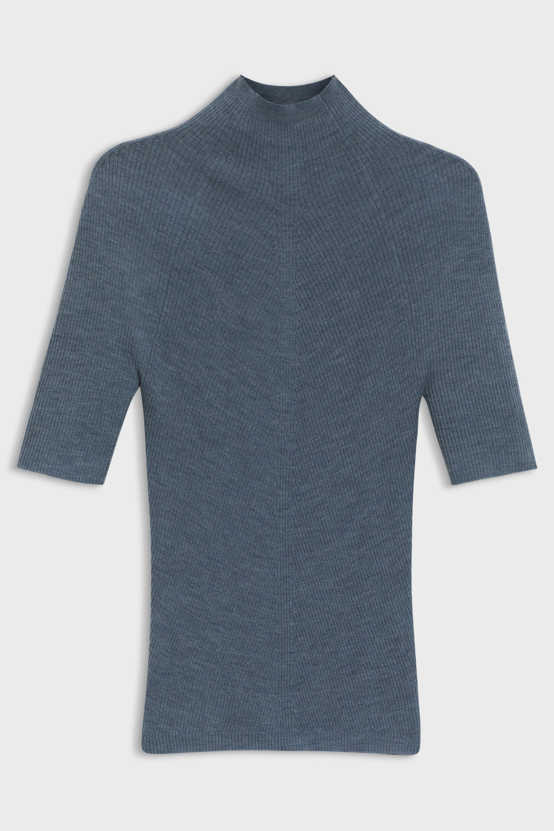 BOSS Slim Fit Superfine Ribbed Virgin Wool Short-Sleeve Mock Neck Sweater Faleri Bekleidung, T-shirt, Langarm, Ärmel, Pullover