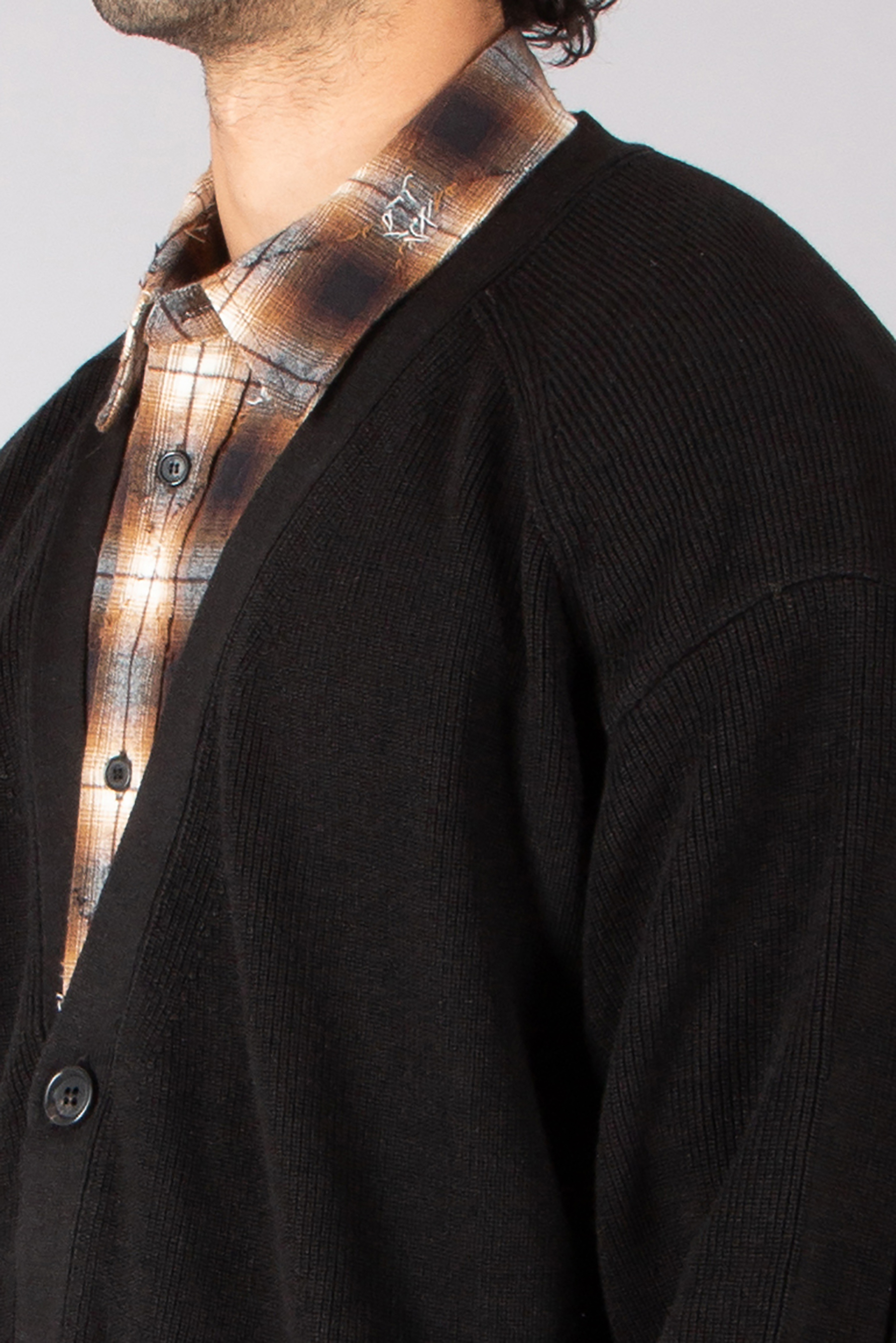 JUUN.J Loose Fit Checked Flannel Shirt Layered Ribbed Bast Fiber-Wool Blend Cardigan Bekleidung, Strickwaren, Pullover, Mantel, Formelle Kleidung