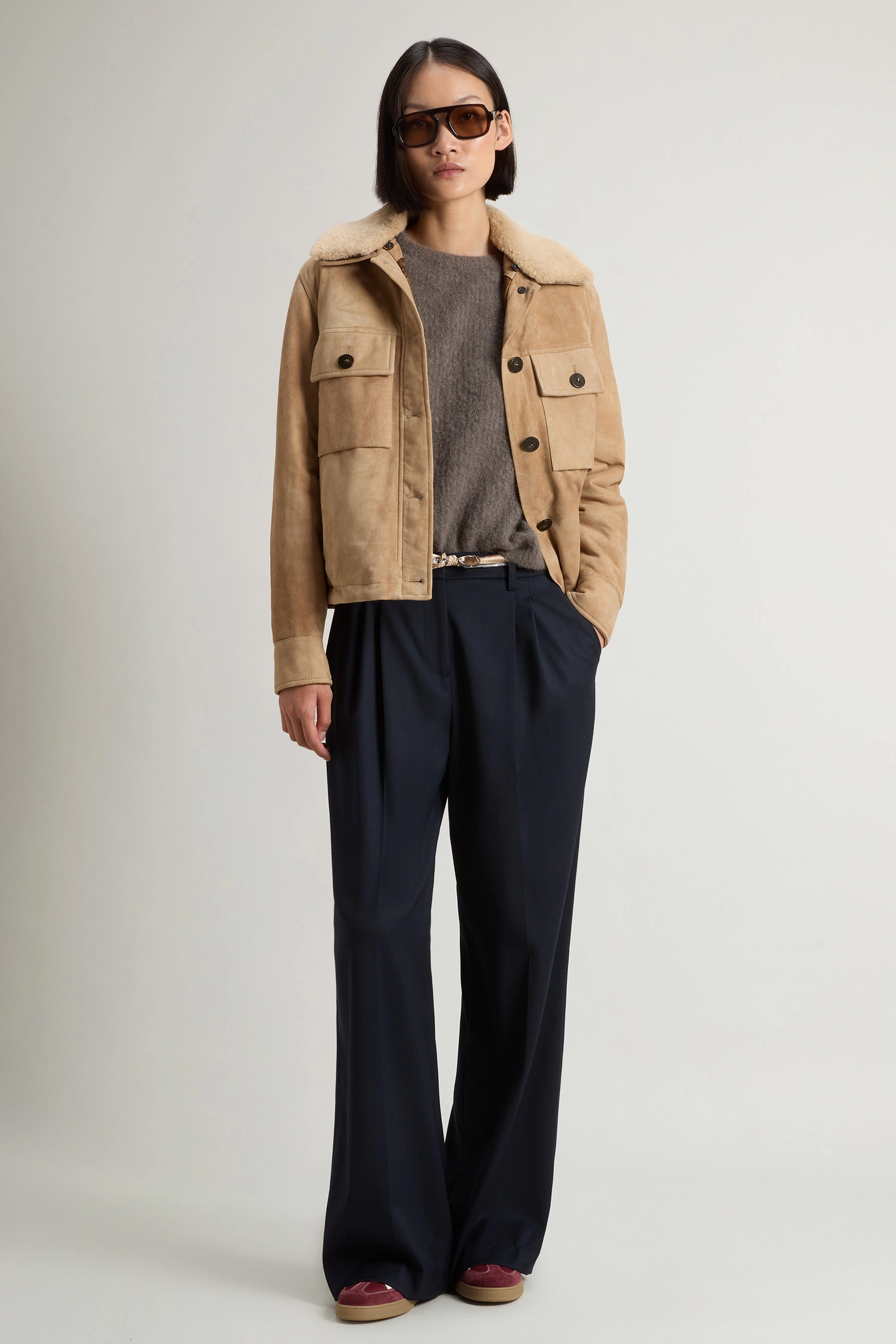 WOOLRICH Regular Fit Shearling Trim Goat Suede Jacket Amber Mantel, Jacke, Hosen, Weste, Blazer
