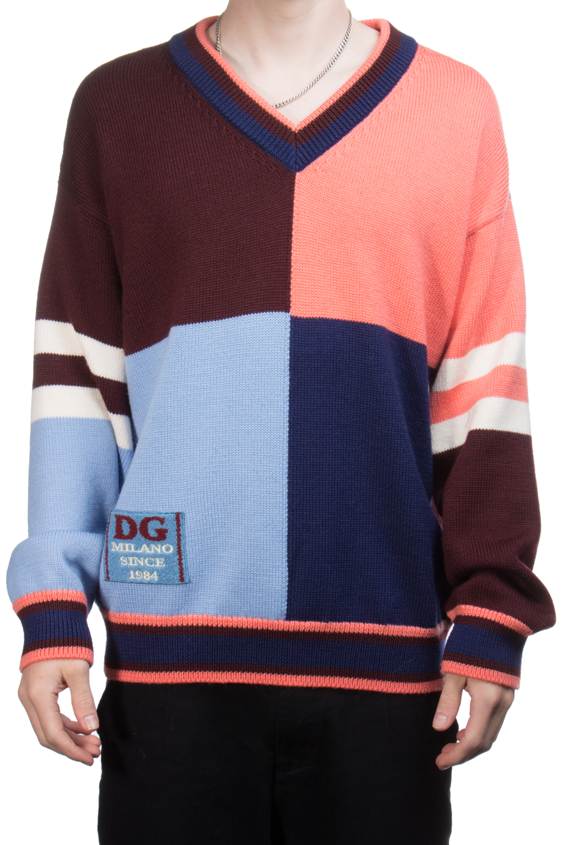 DOLCE & GABBANA Patchwork V-Neck Knit Sweater