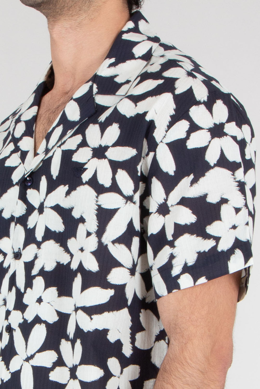 EMPORIO ARMANI Boxy Fit Eagle Flower Print Cotton Beachwear Short-Sleeve Shirt