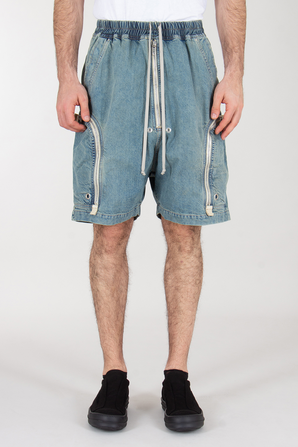 RICK OWENS DRKSHDW Wide Leg Washed Denim Zipped Shorts Bauhaus Pods