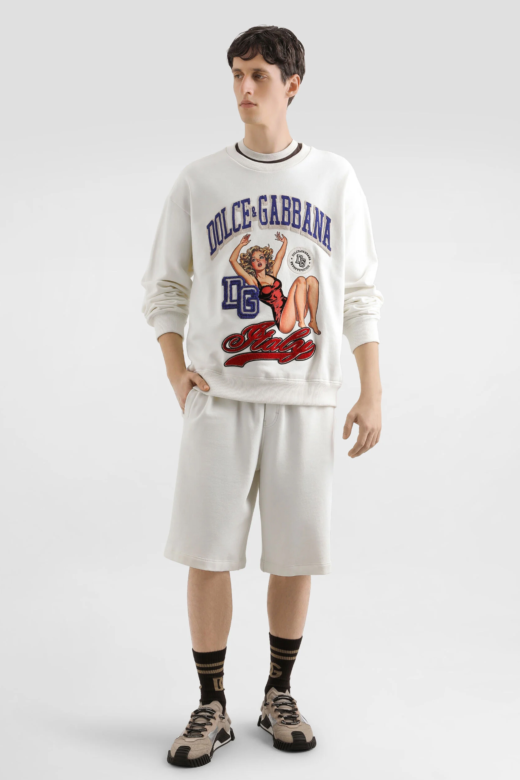 DOLCE & GABBANA Regular Fit Graphic Print & Embroidery Cotton French Terry Sweatshirt T-shirt, Schuh, Pullover, Sweatshirt, Kurze Hosen