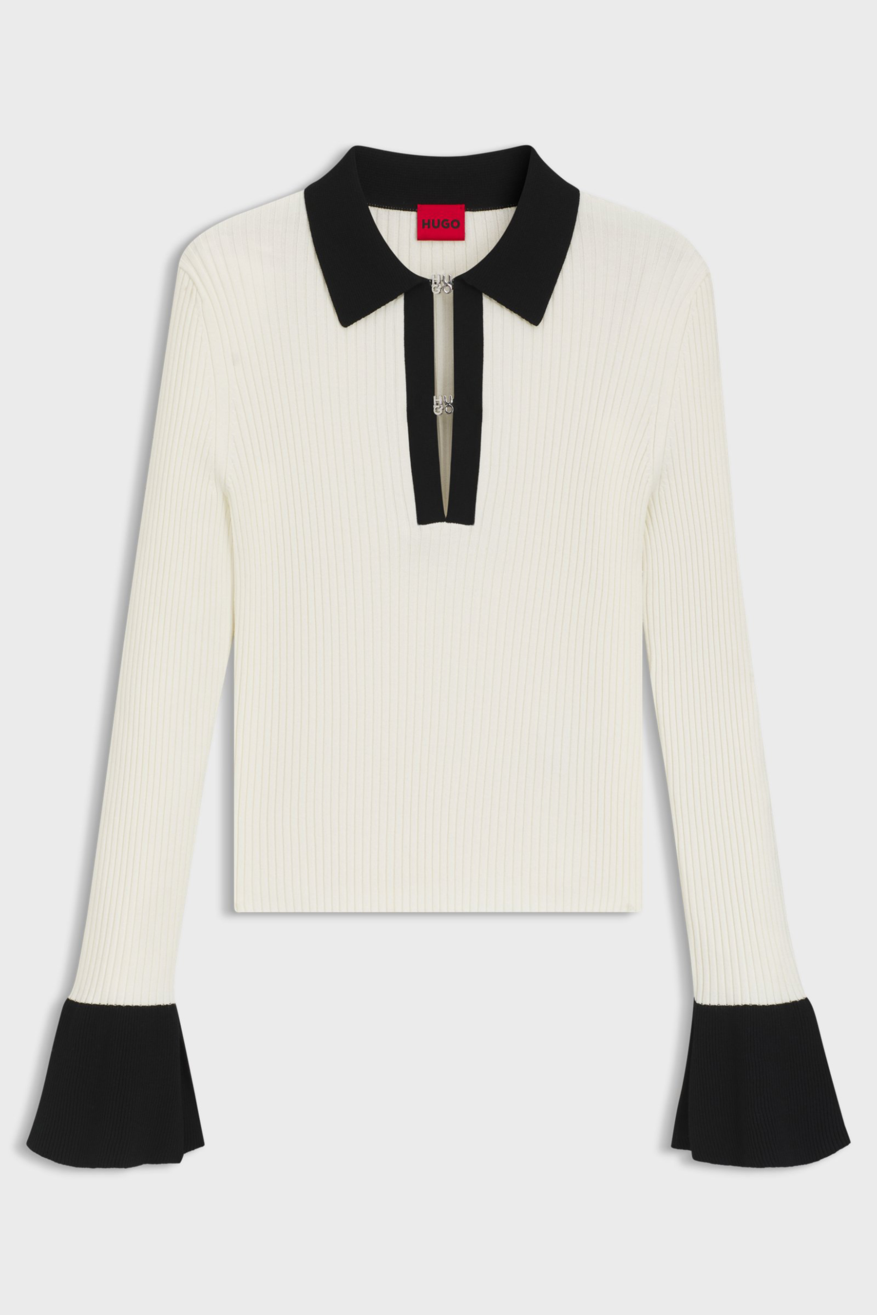 HUGO Slim Fit Ribbed Crepe Knit Polo Sharro Langarm, Ärmel, Hemd, Bluse, Pullover