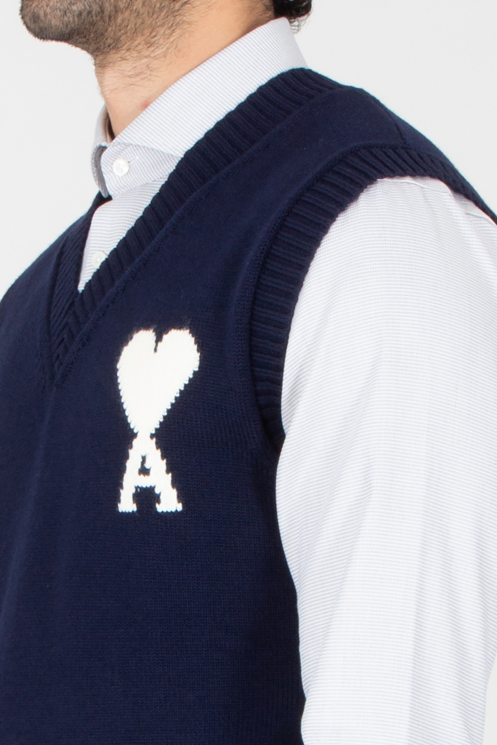 AMI PARIS Relaxed Fit Ami De Coeur Virgin Wool-Cotton Blend Sleeveless V-Neck Sweater