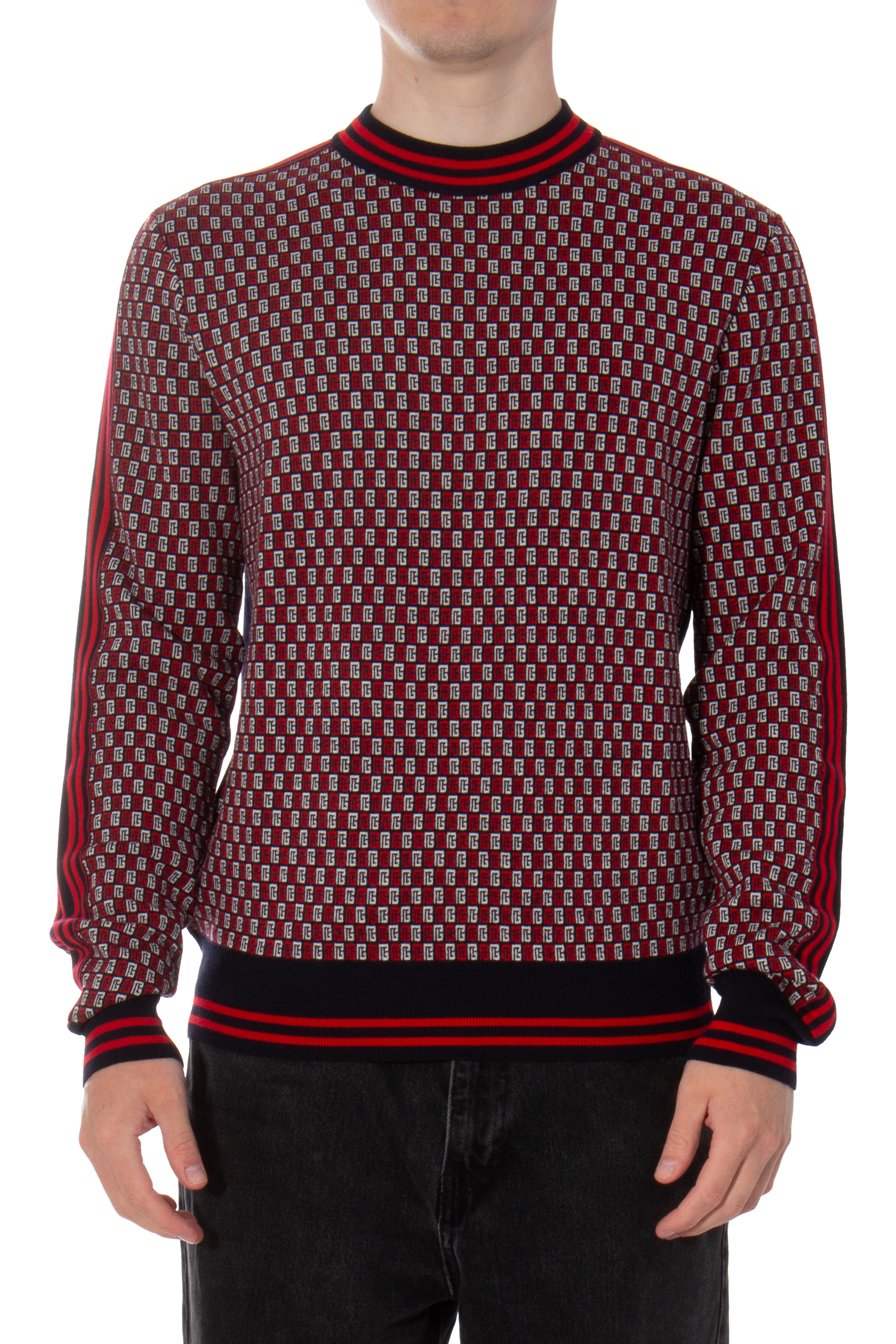 BALMAIN Monogrammed Check Wool Jacquard Sweater