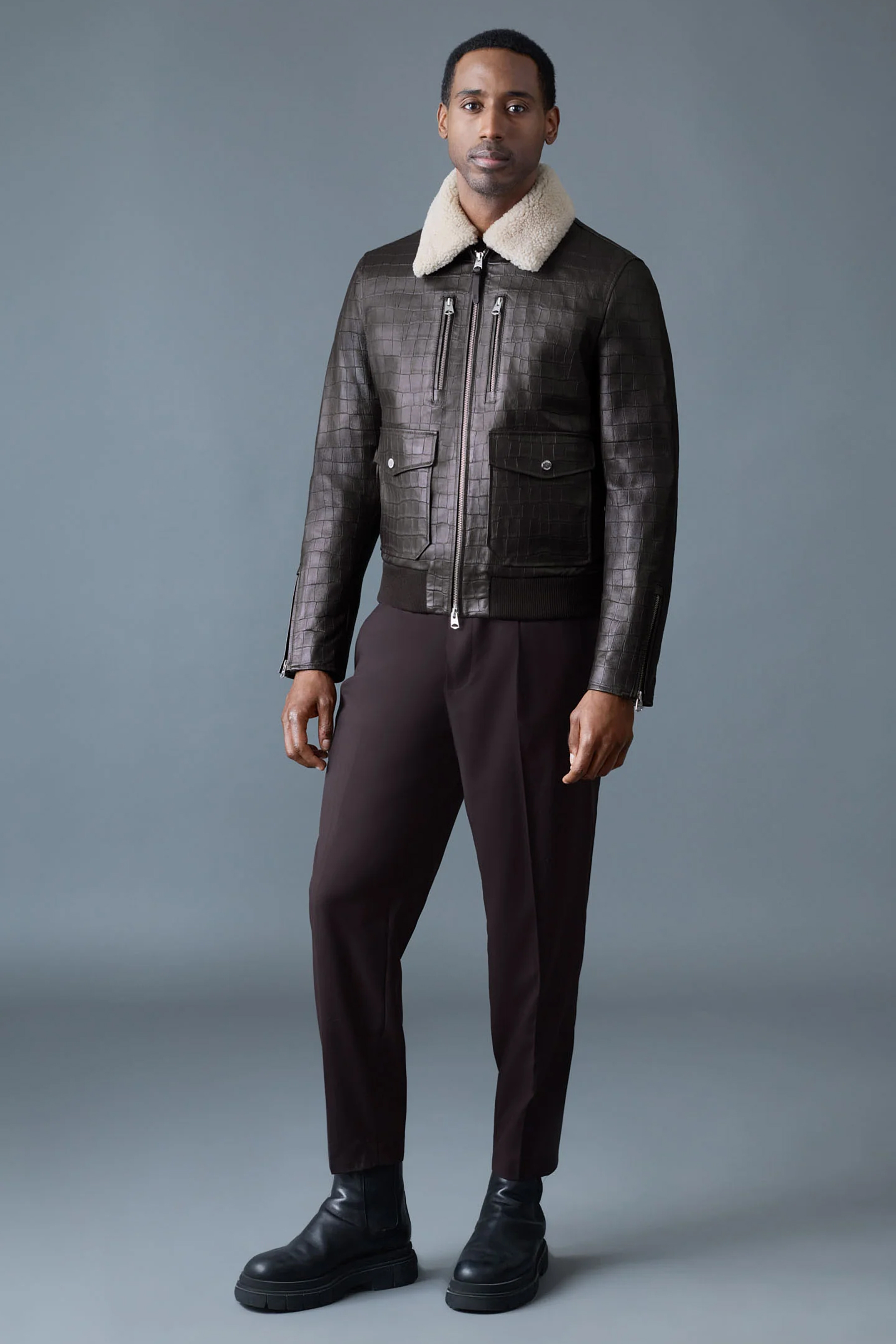 MACKAGE Regular Fit Shearling Trim Croc-Embossed Leather Jacket Chance-NV Mantel, Jacke, Erwachsener, Mann, Person
