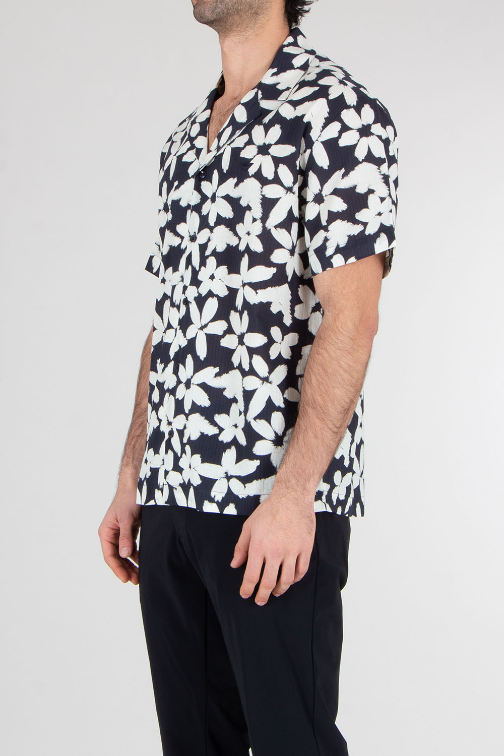 EMPORIO ARMANI Boxy Fit Eagle Flower Print Cotton Beachwear Short-Sleeve Shirt